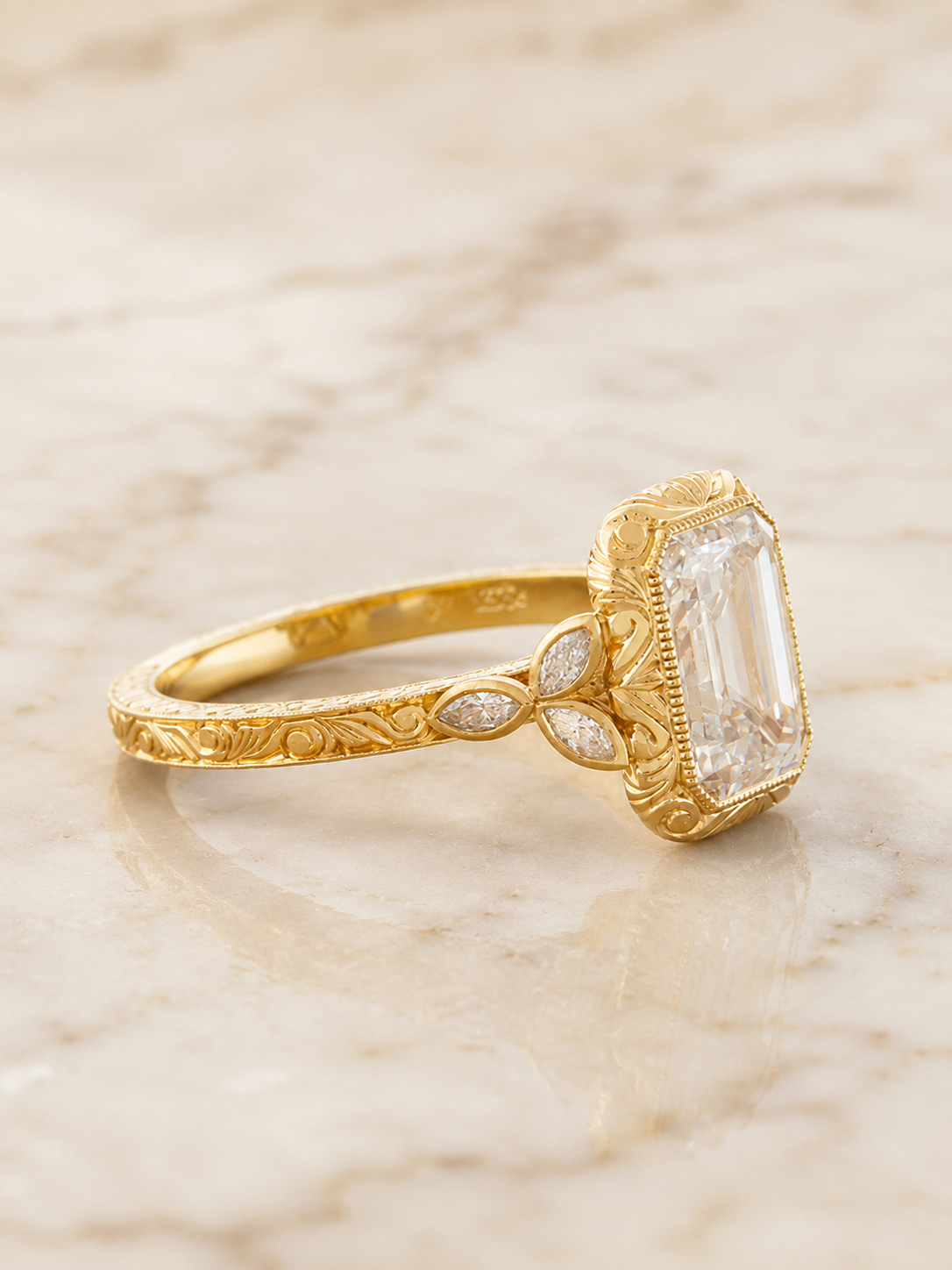 Emerald Cut Lab Grown Diamond Engagement Ring – Vintage Bezel 14K Yellow Gold – 2ct E VVS2