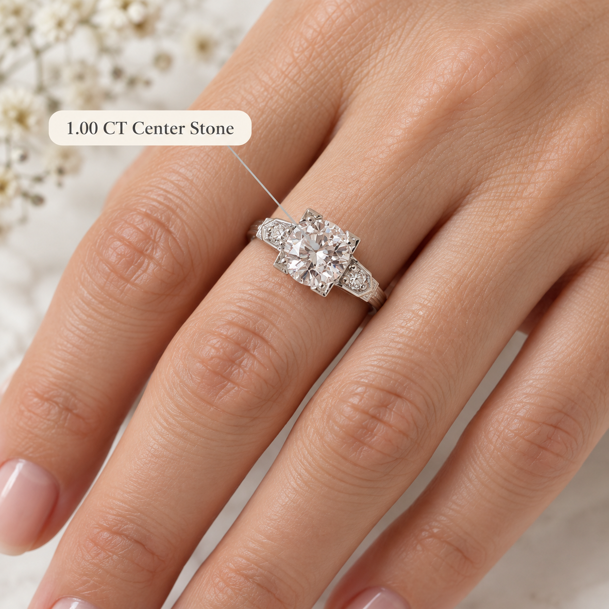 Round Lab Grown Diamond Engagement Ring Art Deco Three Stone 14K Gold E VVS2
