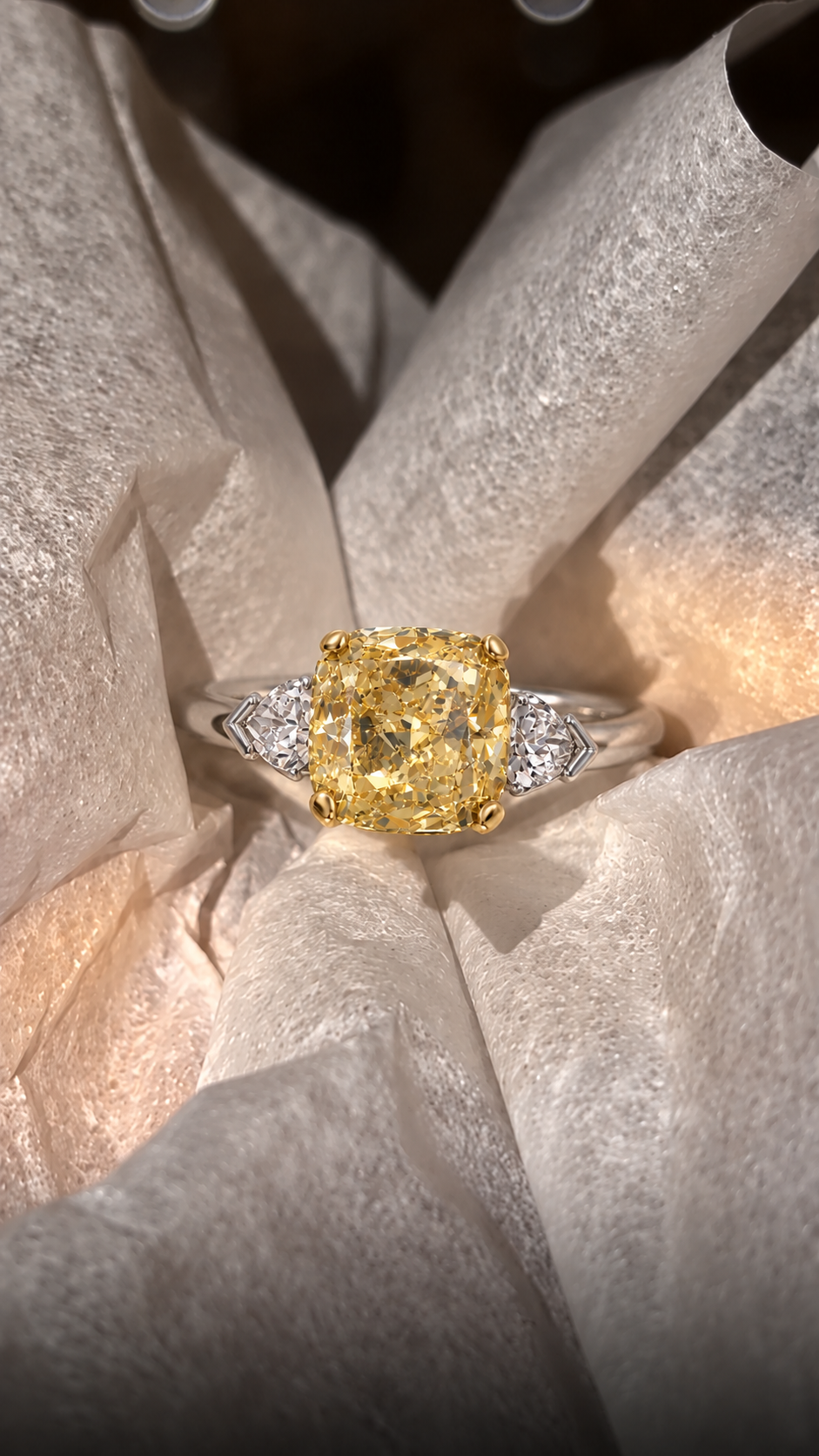 Fancy Yellow Cushion Lab Grown Diamond Engagement Ring – Three Stone White & Yellow Gold – Pear Side Stones