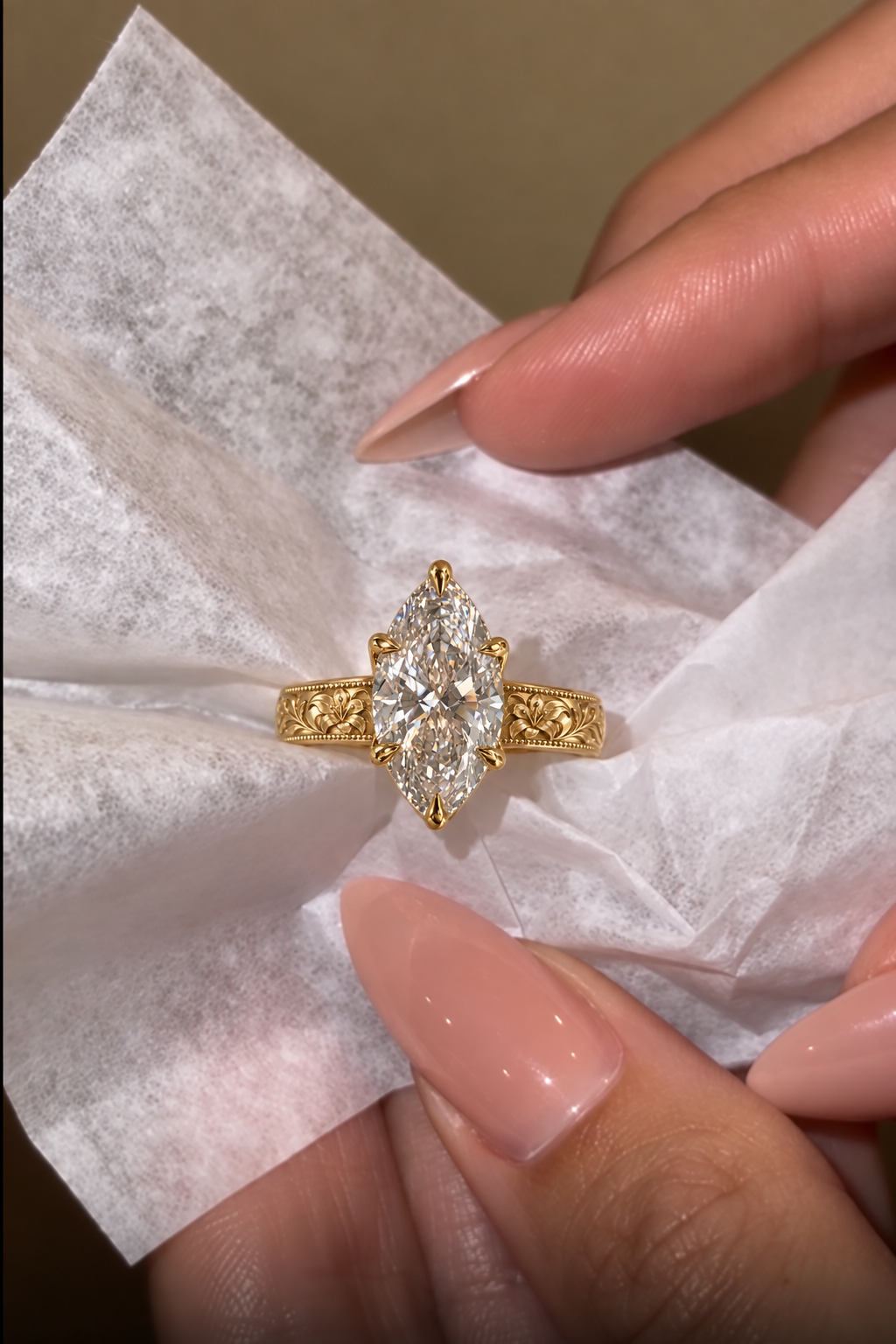 Marquise Lab Grown Diamond Engagement Ring, 14K Yellow Gold Floral Band (IGI Certified)