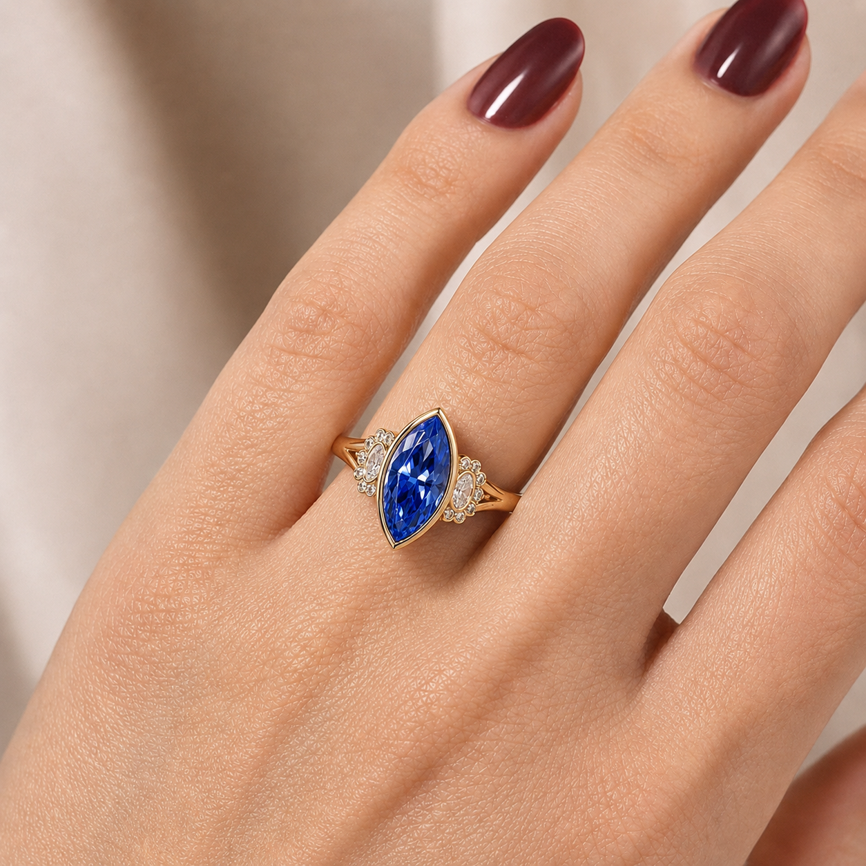 Marquise Lab Grown Blue Sapphire Engagement Ring Diamond Halo Bezel 14K Yellow Gold Split Shank