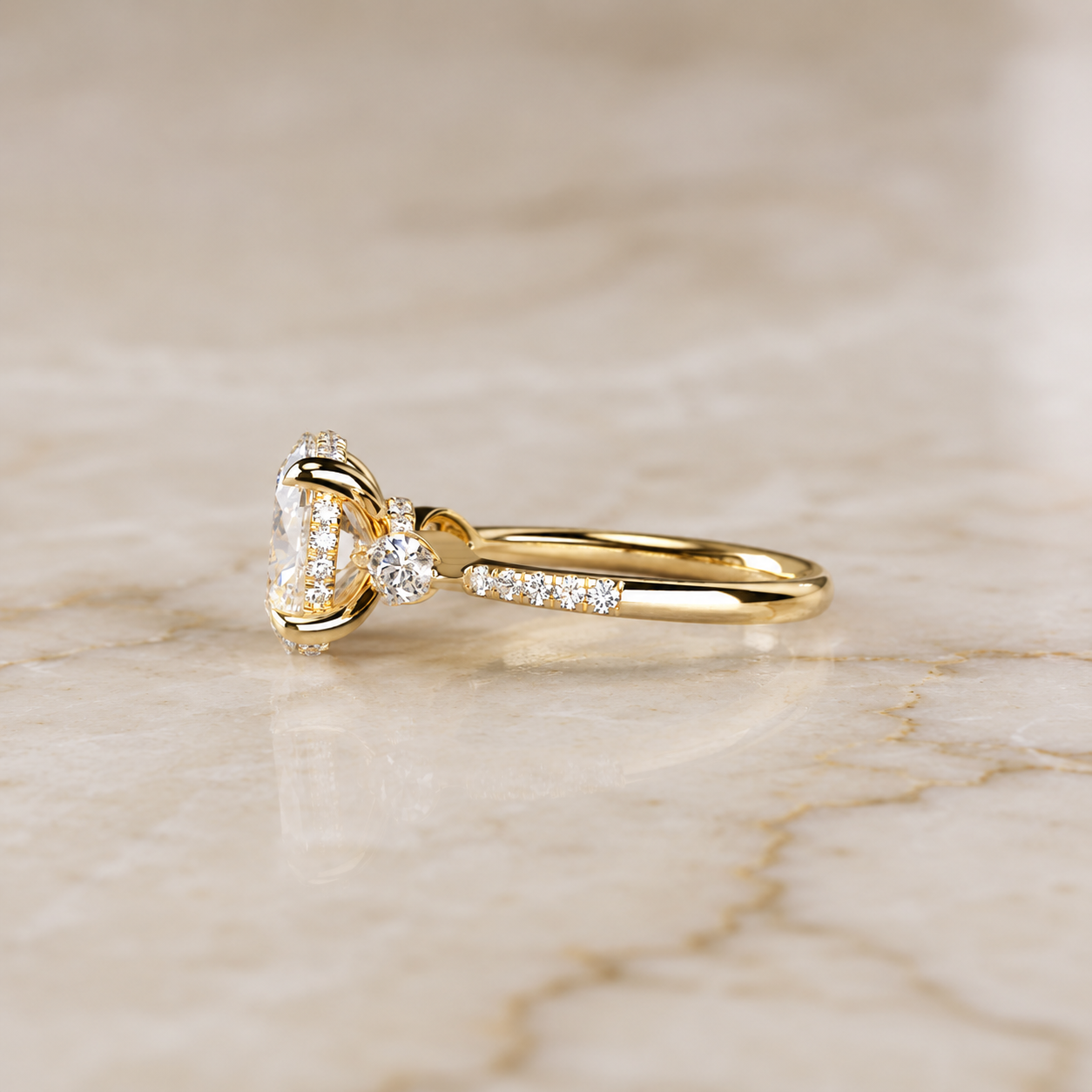 Oval Lab Grown Diamond Engagement Ring  Marquise Side Stone Pavé 14K Yellow Gold IGI Certified 2ct