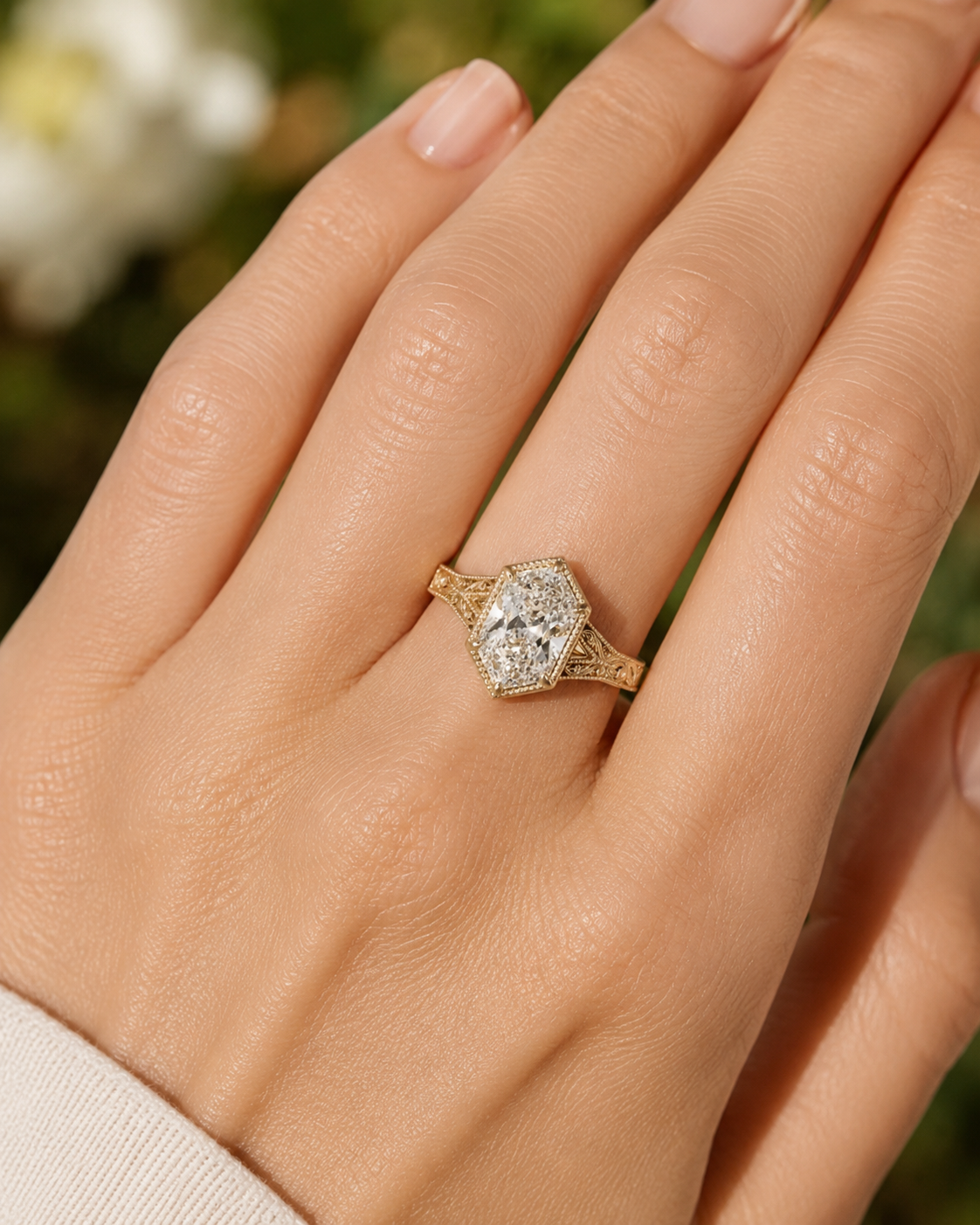Duchess Cut Lab Grown Diamond Engagement Ring Split Shank 14K Yellow Gold Milgrain Bezel
