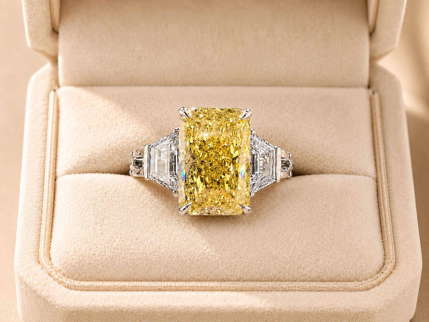 Fancy Yellow Radiant Lab Grown Diamond Engagement Ring Three Stone 14K White Gold Trapezoid Side Stones