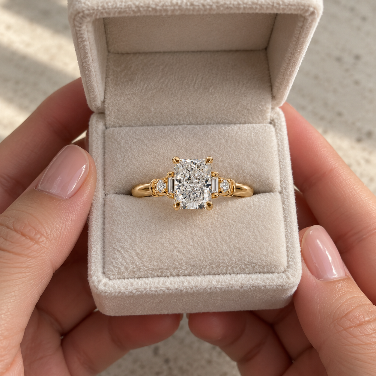 Radiant Lab Grown Diamond Engagement Ring Five Stone Art Deco 18K Yellow Gold IGI Certified