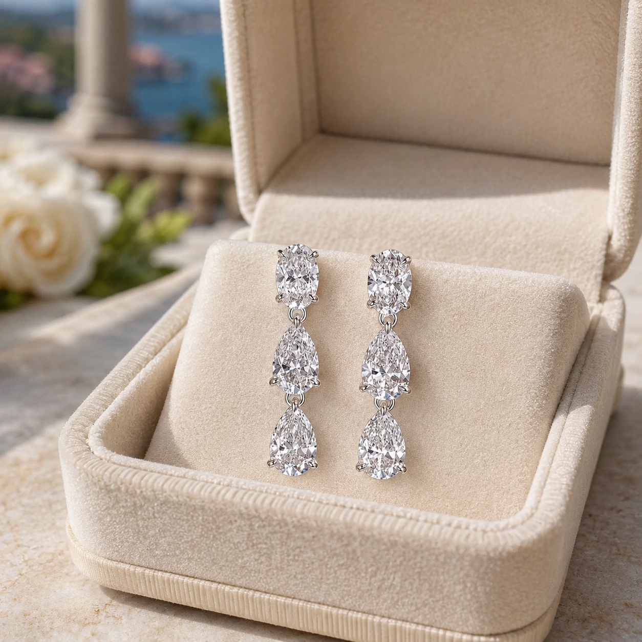 Pear Oval Lab Grown Diamond Drop Earrings Three Stone 18K White Gold 4.4 Carat Total