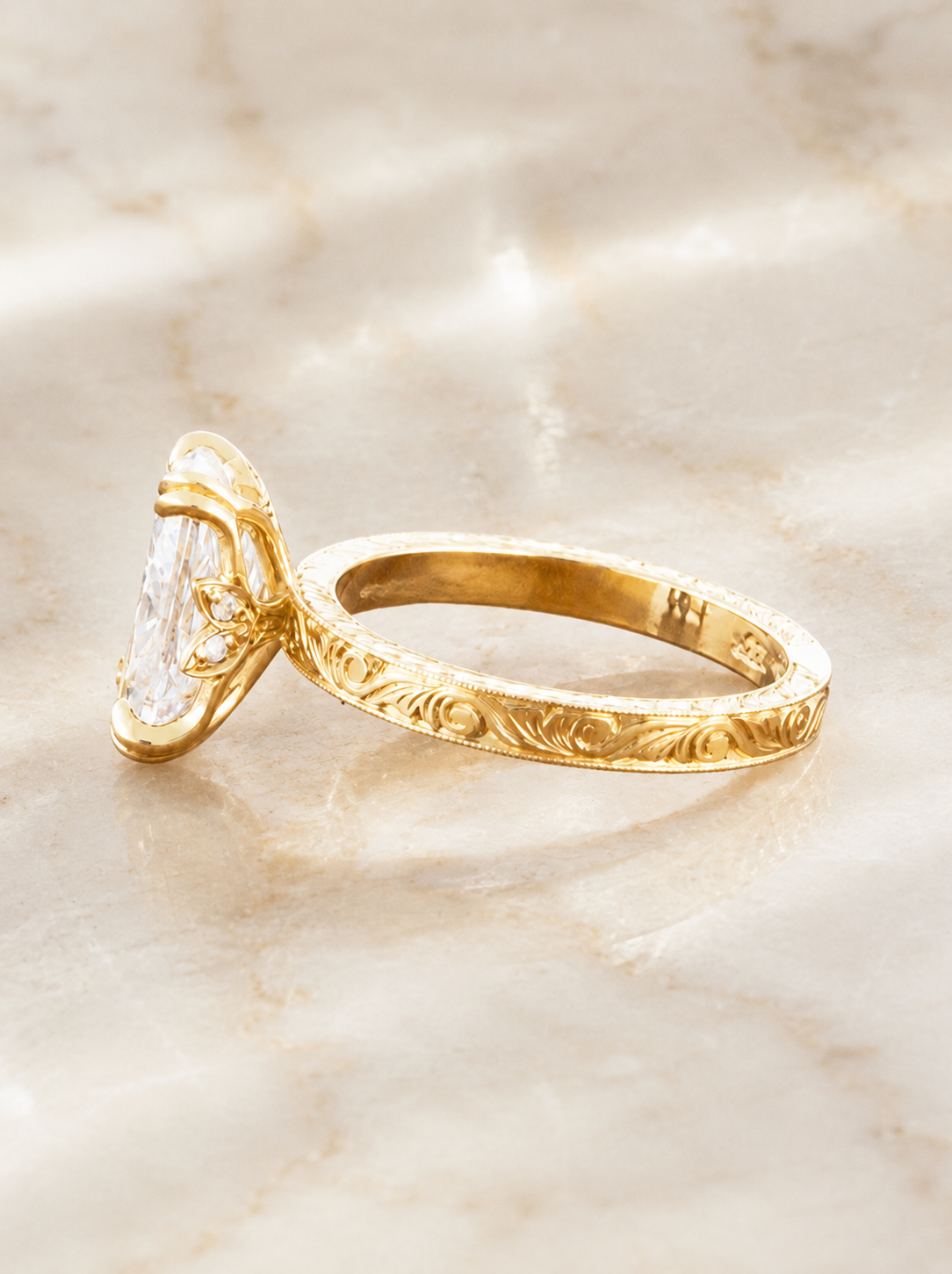 Cushion Lab Grown Diamond Engagement Ring Vintage Solitaire 14K Yellow Gold – Hand-Engraved Floral Band