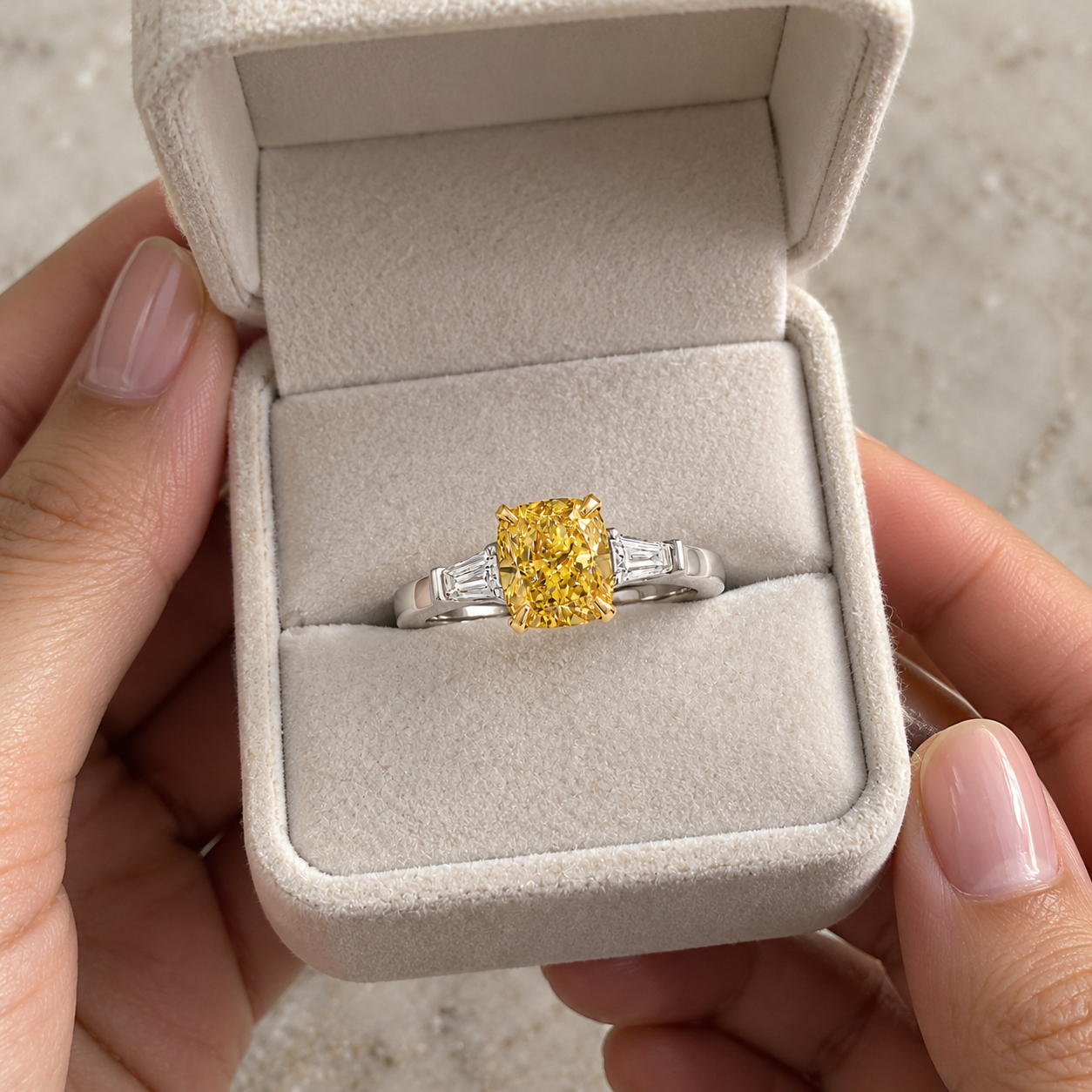 Cushion Cut Yellow Lab Grown Diamond Engagement Ring Three Stone Platinum & Yellow Gold Tapered Baguette Sides