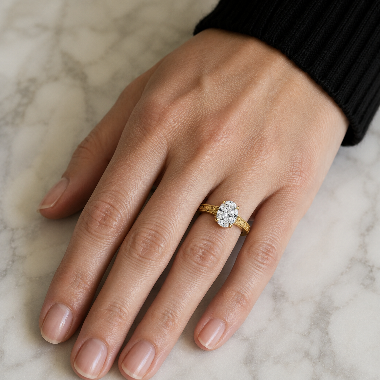 Oval Lab Grown Diamond Engagement Ring Four Prong Solitaire 14K Yellow Gold Hand-Engraved Milgrain Band