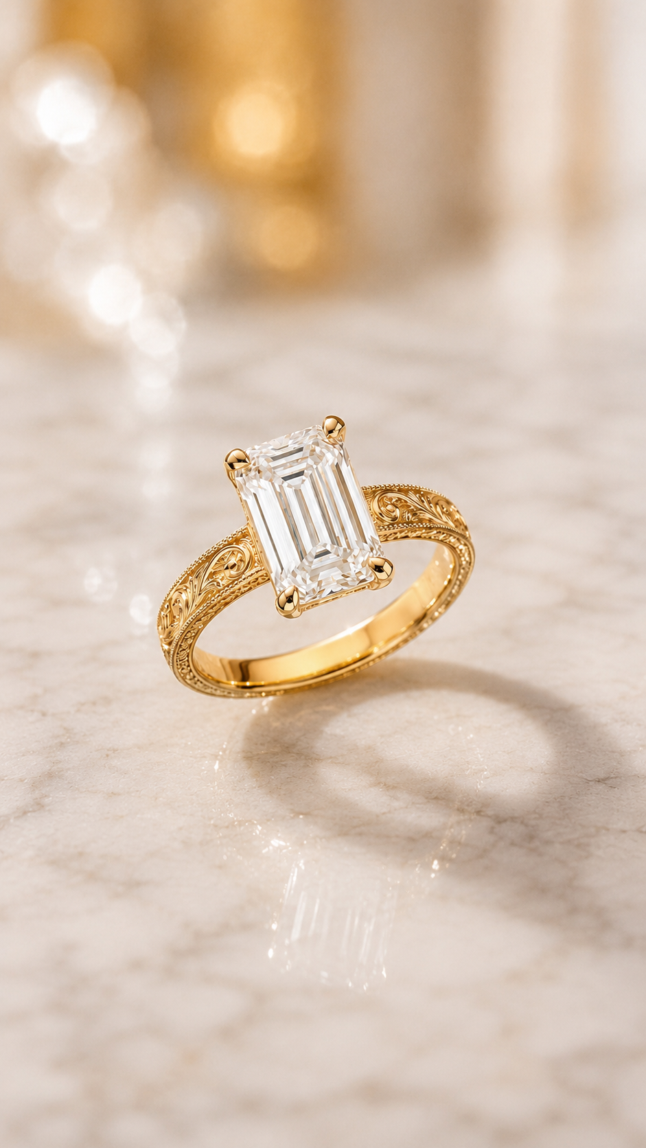 Emerald Cut Lab Grown Diamond Engagement Ring Vintage Solitaire 14K Yellow Gold IGI Certified 3ct