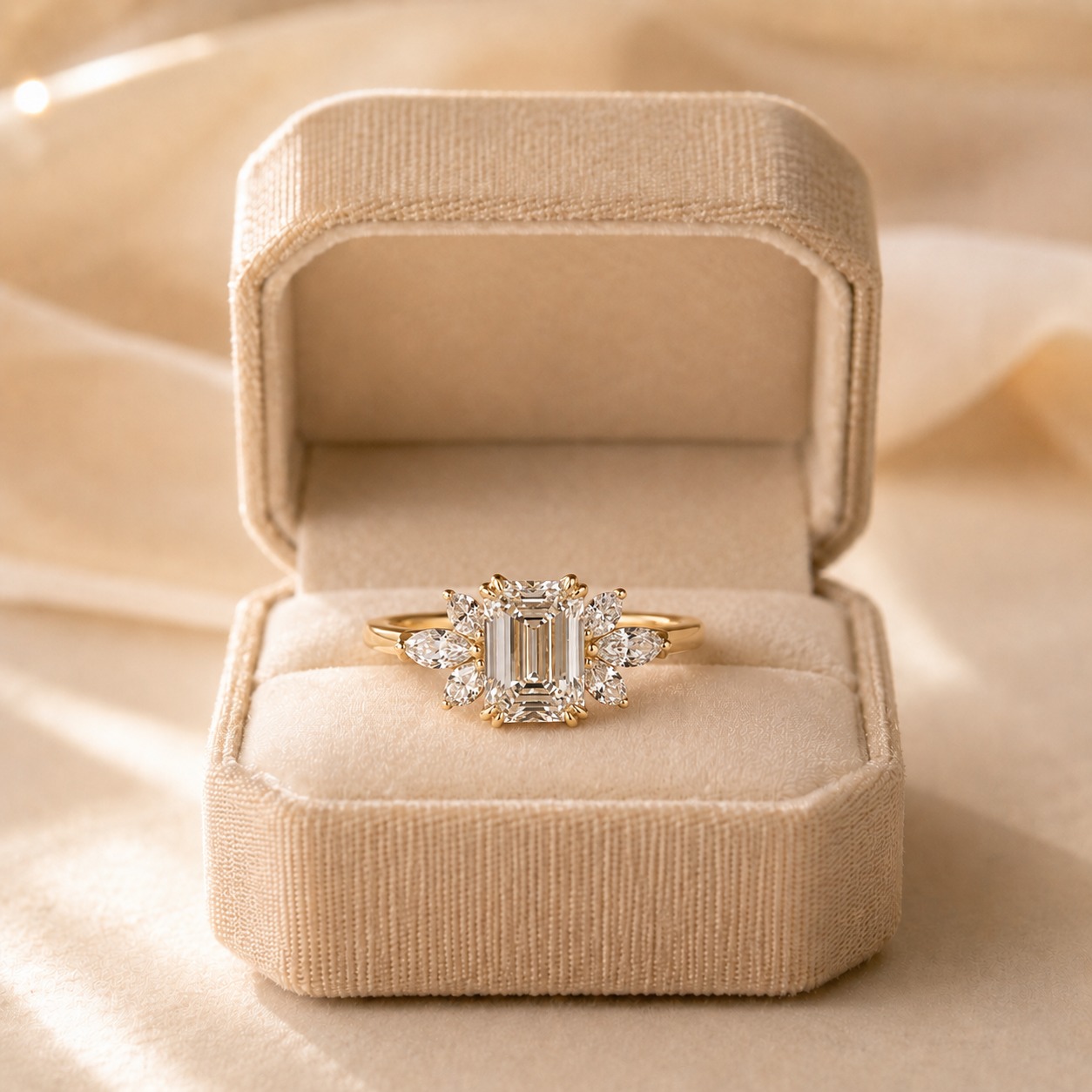 Emerald Cut Lab Grown Diamond Engagement Ring Marquise Halo 14K Yellow Gold – 1.5 Carat
