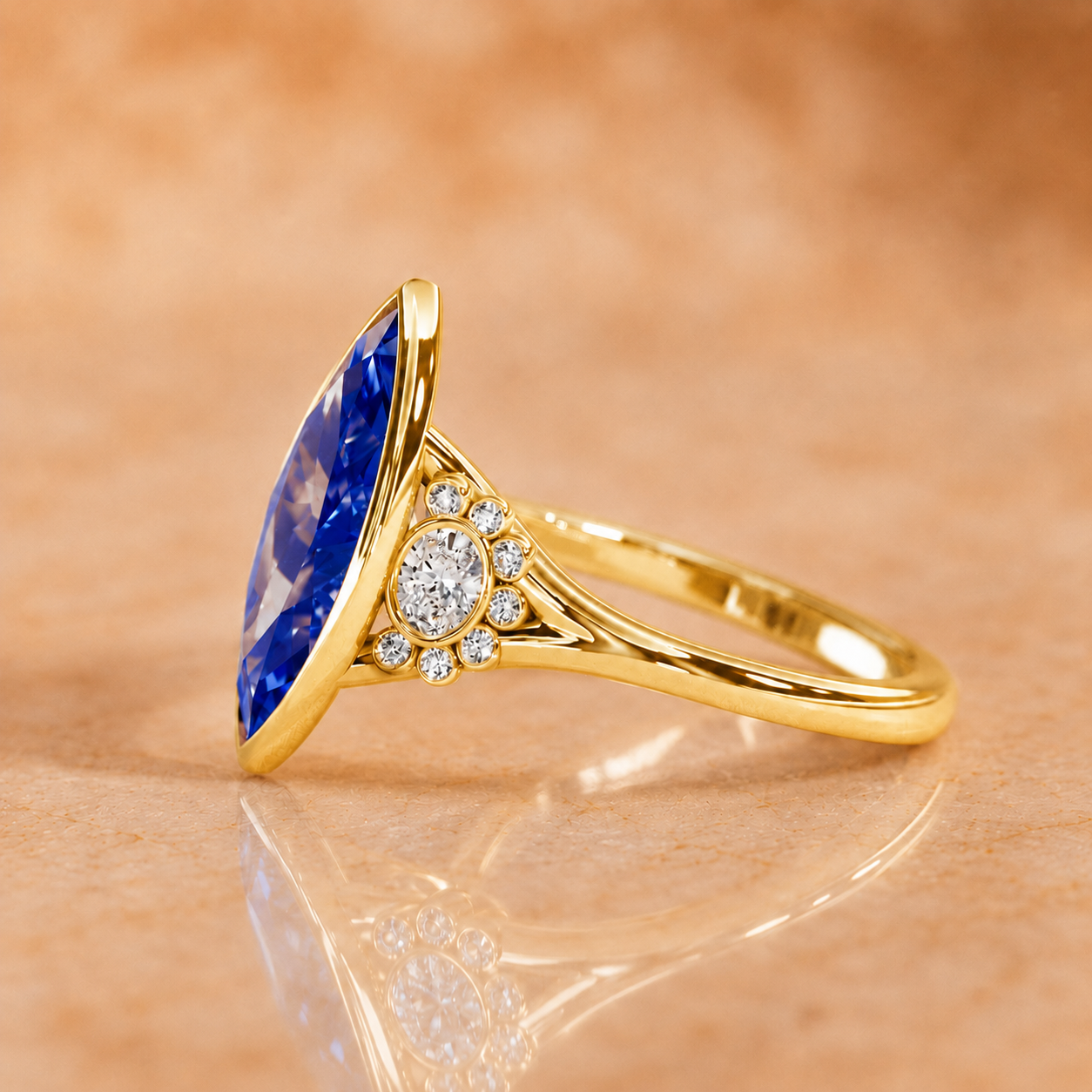 Marquise Lab Grown Blue Sapphire Engagement Ring Diamond Halo Bezel 14K Yellow Gold Split Shank