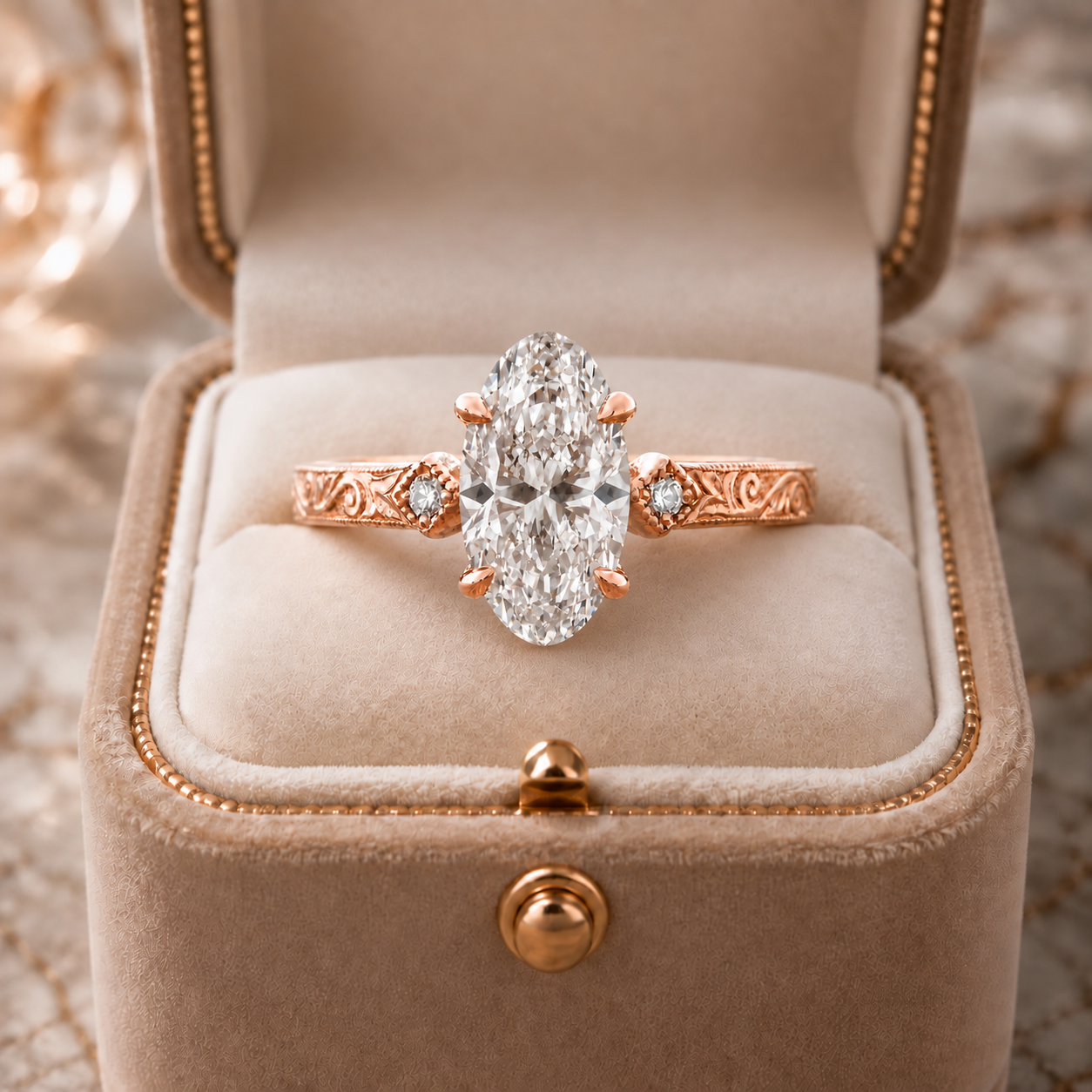 Moval Lab-Grown Diamond Engagement Ring: 14K Rose Gold, Hand-Engraved Vintage Style (IGI Certified)