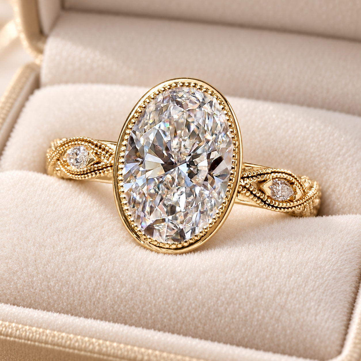 Oval Lab Grown Diamond Engagement Ring Vintage Bezel Milgrain 14K Yellow Gold IGI Certified 2 Carat
