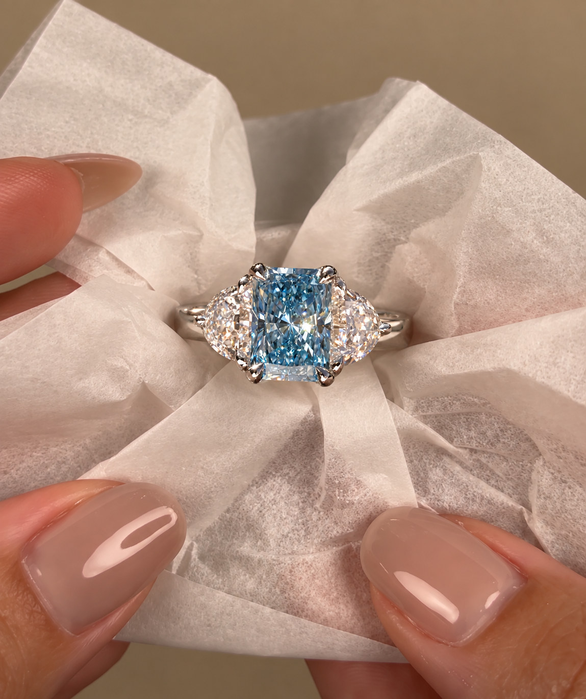 Blue Radiant Lab Grown Diamond Three Stone Ring, Half Moon Sides, IGI Certified