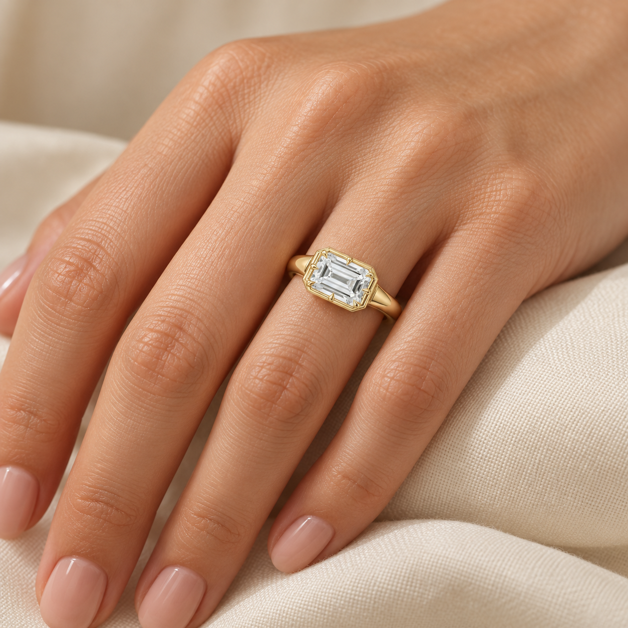 Emerald Cut Lab Grown Diamond Engagement Ring East West Solitaire 14K Yellow Gold Button Back Setting