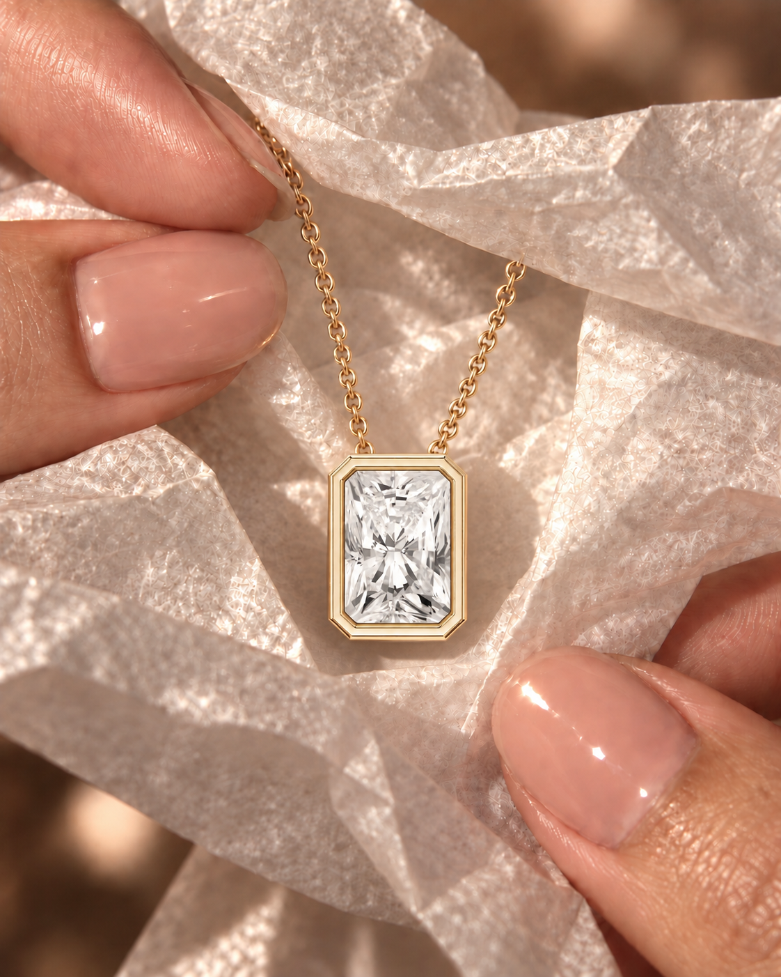 Radiant Cut Lab Grown Diamond Pendant Necklace, 14K Gold Bezel Solitaire (IGI Certified)