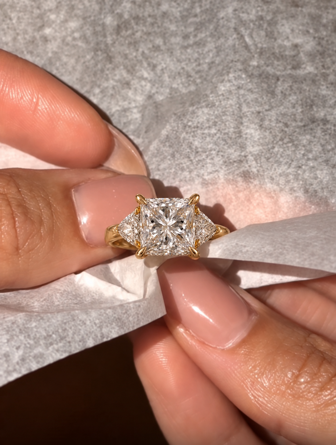 Princess Cut Lab Grown Diamond Engagement Ring Three Stone Trillion 14K Gold IGI Certified E VVS2