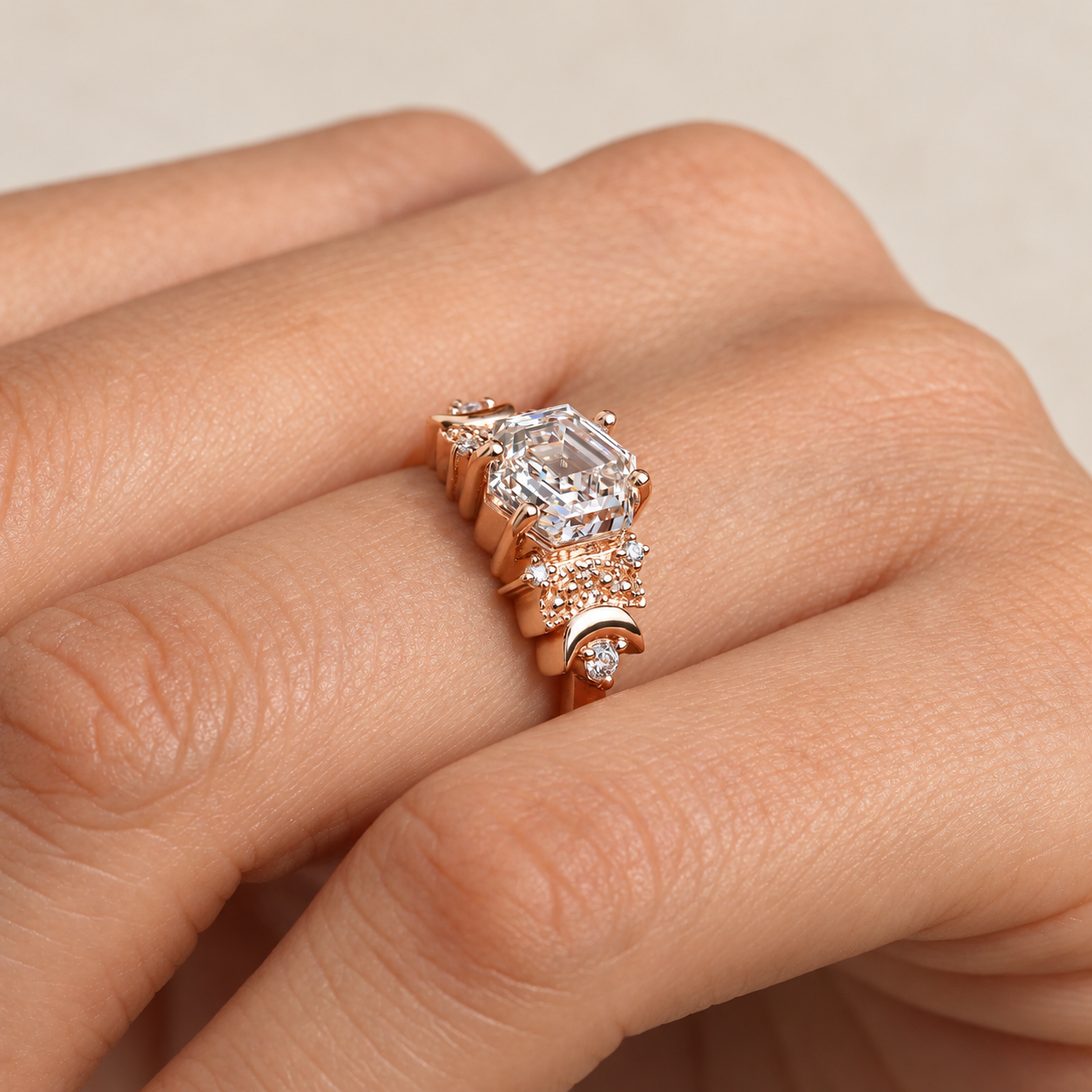 Hexagon Step Cut Lab Grown Diamond Engagement Ring Vintage Milgrain 14K Rose Gold Crescent Moon Accents