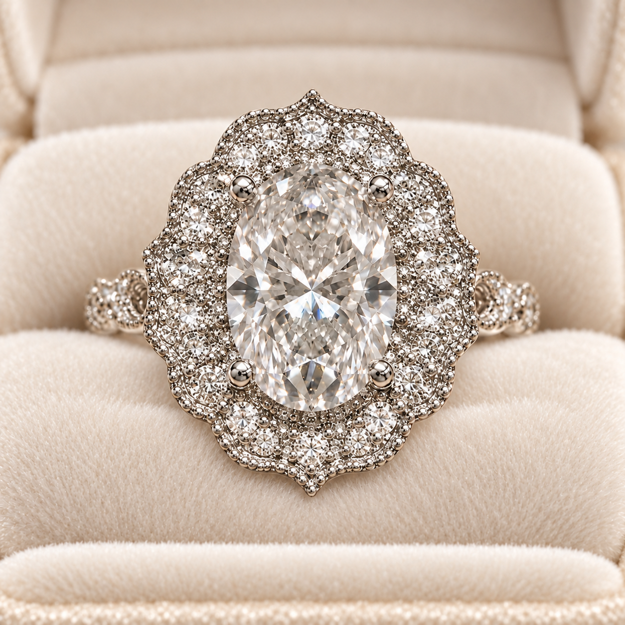 Oval Lab Grown Diamond Engagement Ring Vintage Floral Double Halo 14K White Gold Milgrain E VVS2