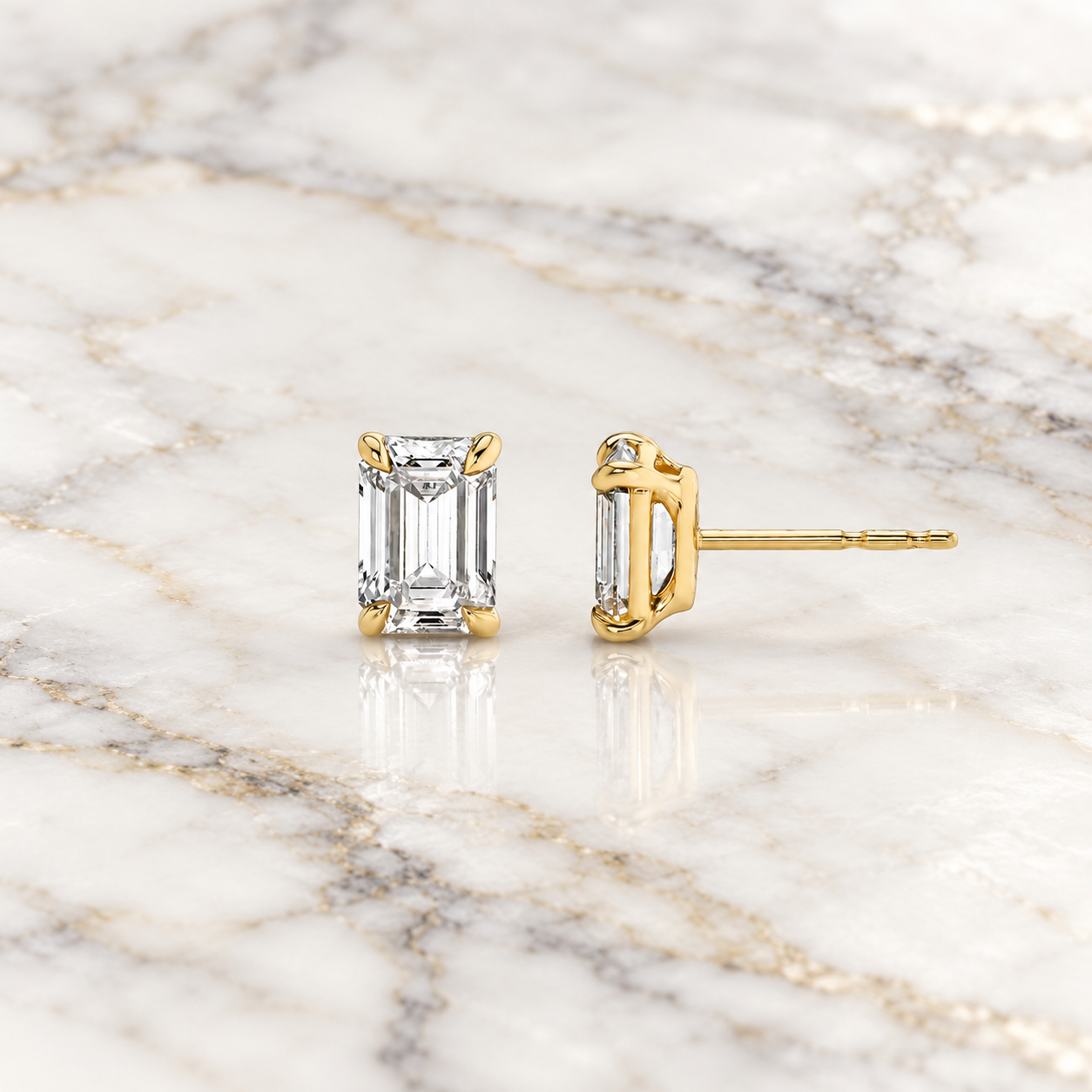 Emerald Cut Lab Grown Diamond Stud Earrings 14K Yellow Gold IGI Certified Studs