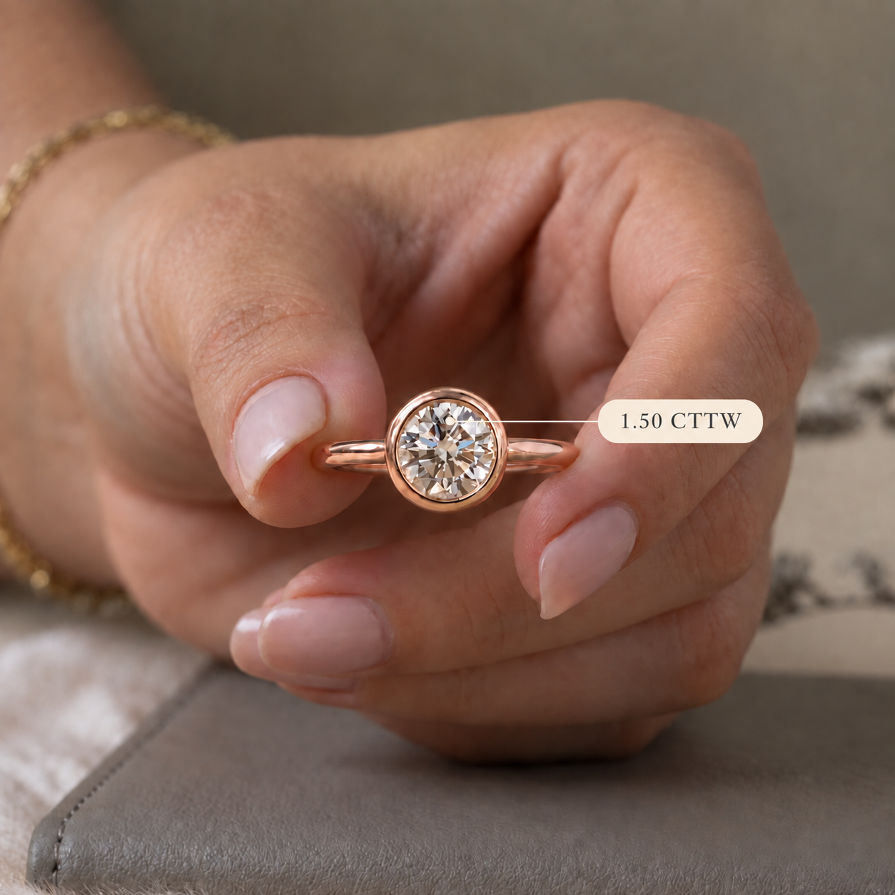 Round Lab Grown Diamond Engagement Ring Bezel Solitaire 14K Rose Gold IGI Certified E VVS2