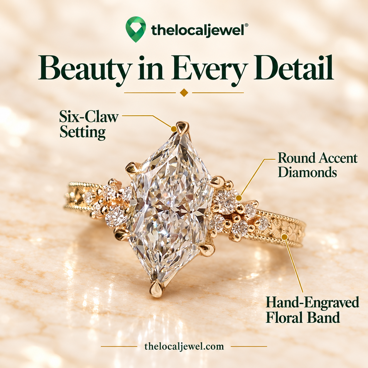 Marquise Lab Grown Diamond Engagement Ring Vintage Tulip 14K Yellow Gold IGI Certified