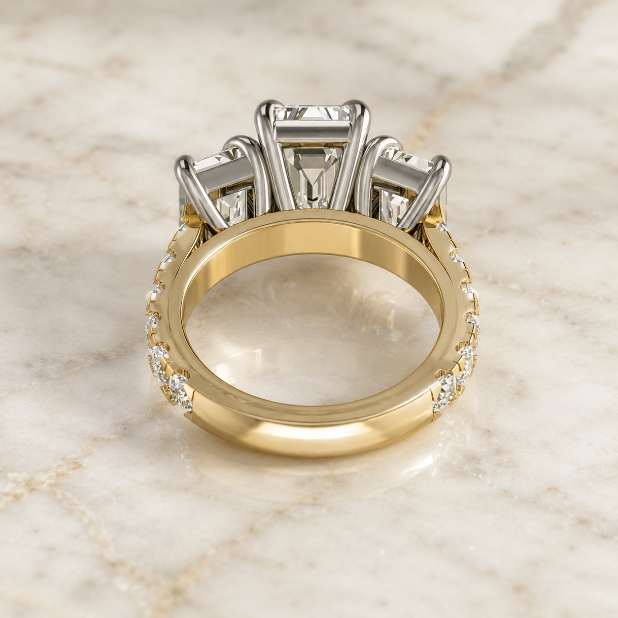 Emerald Cut Lab Grown Diamond Engagement Ring Three Stone 14K Yellow Gold IGI Certified 4 Carat