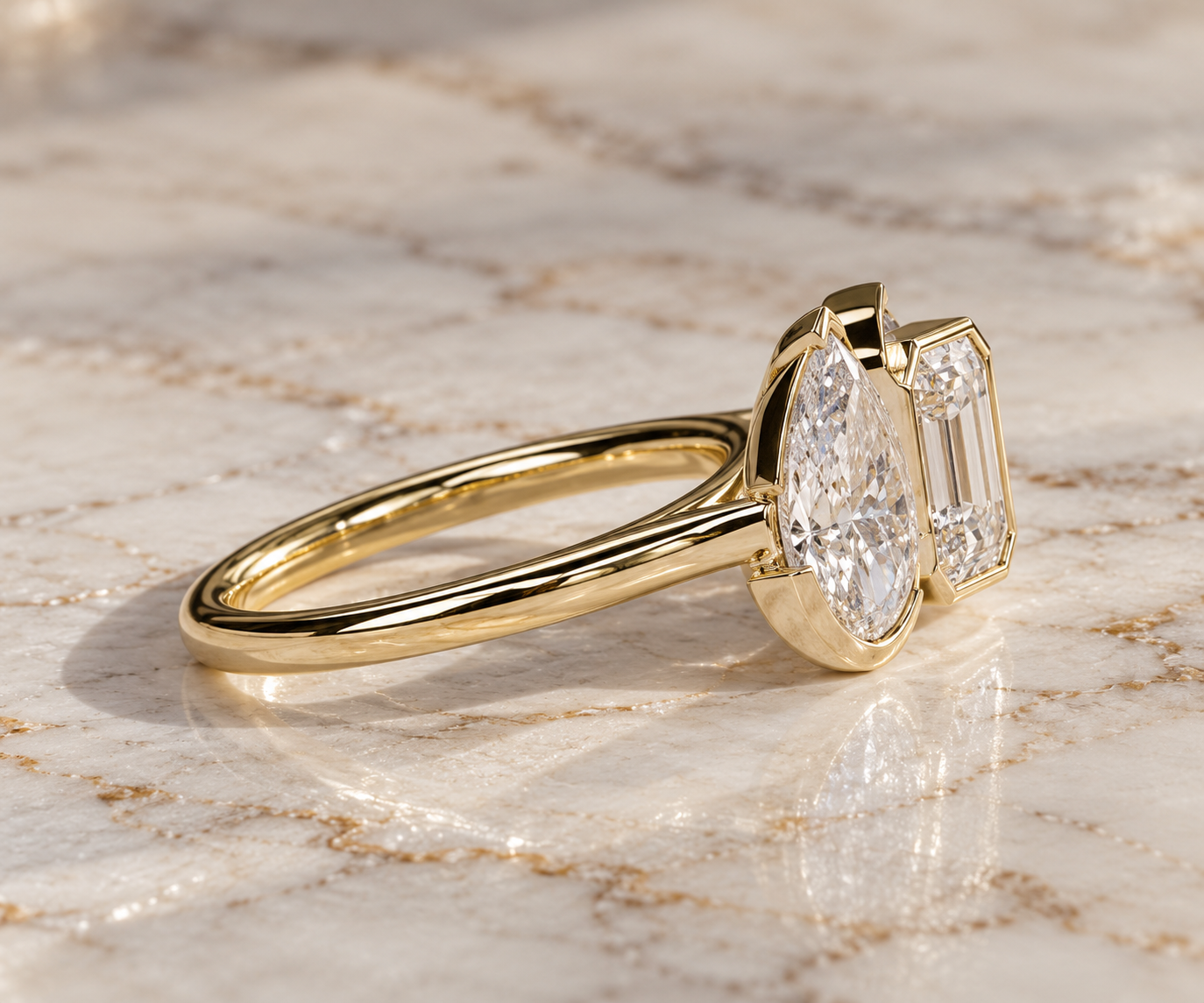 Pear & Emerald Cut Lab Grown Diamond Engagement Ring Toi et Moi 14K Yellow Gold Bezel Cathedral Setting