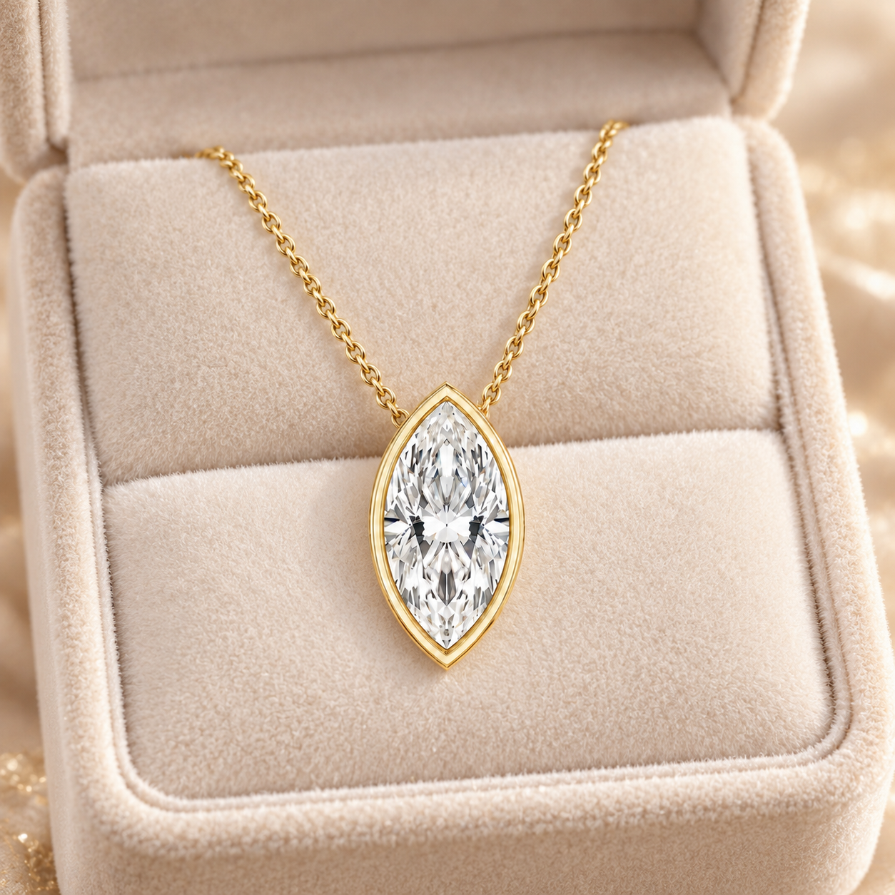 Marquise Lab Grown Diamond Pendant Necklace Bezel Solitaire 14K Yellow Gold IGI Certified 2ct