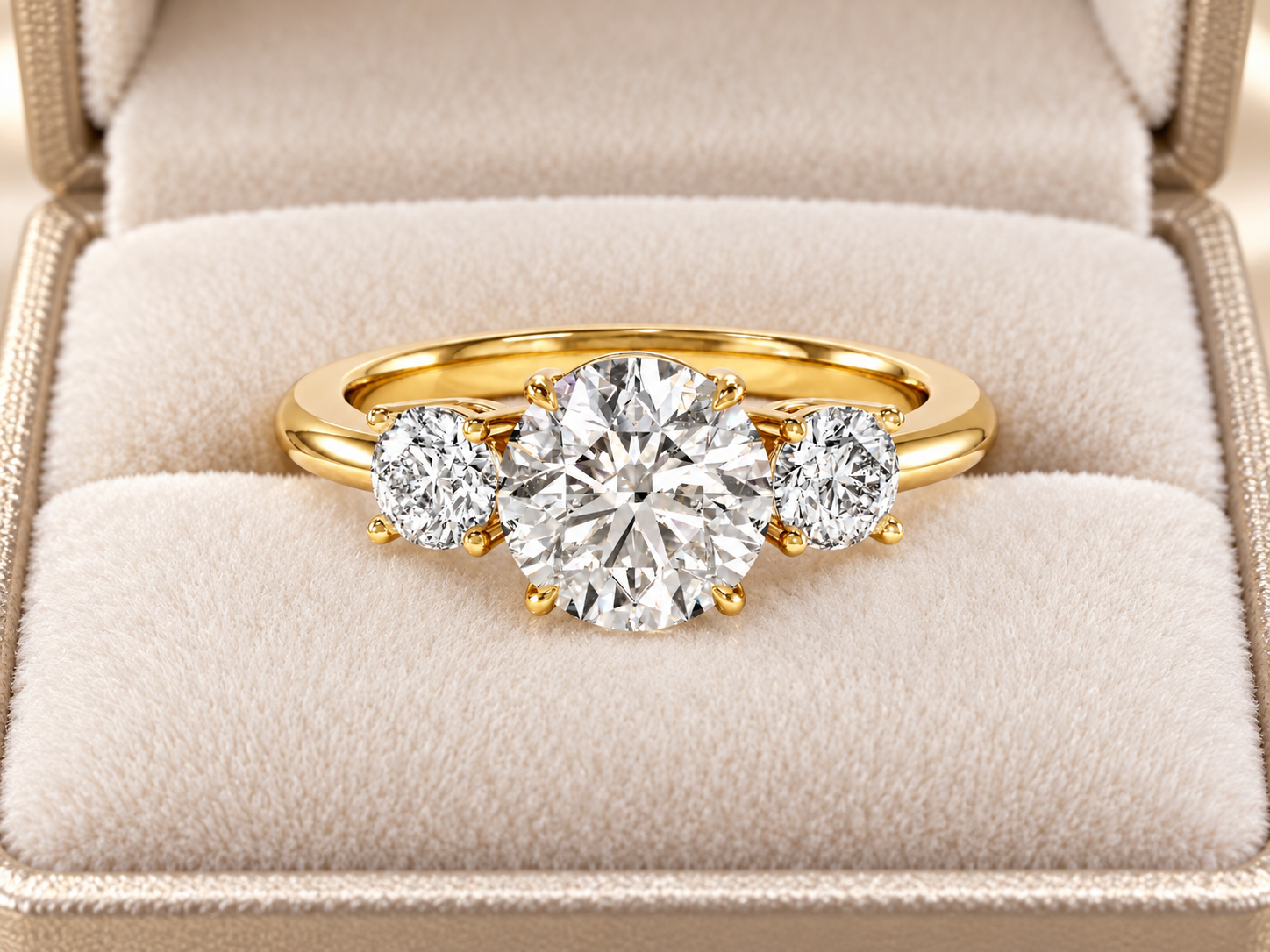 Round Lab Grown Diamond Engagement Ring Three Stone 14K Yellow Gold IGI Certified