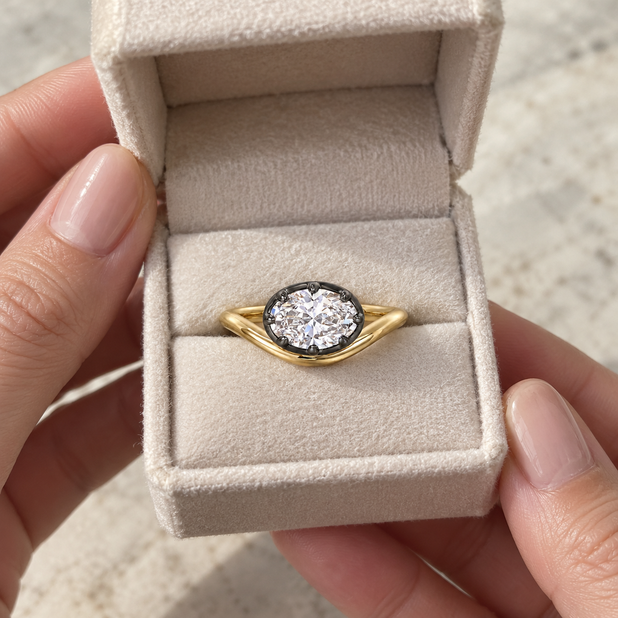 Oval Lab Grown Diamond Pinky Ring Bezel-Prong 14K Yellow & Black Gold IGI Certified