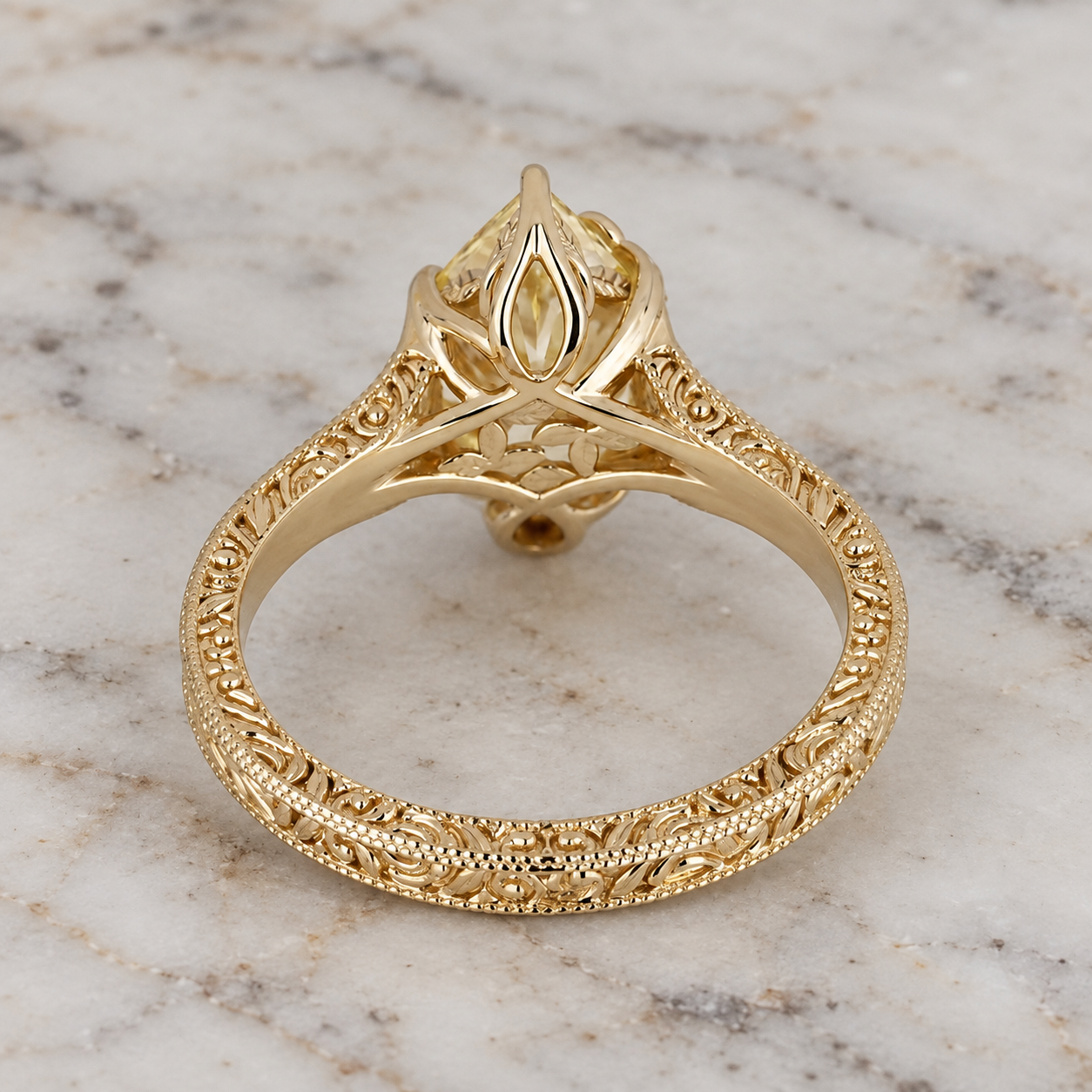 Yellow Dutch Marquise Lab Grown Diamond Engagement Ring Art Deco Tulip 14K Gold IGI Certified VVS2 - VS1
