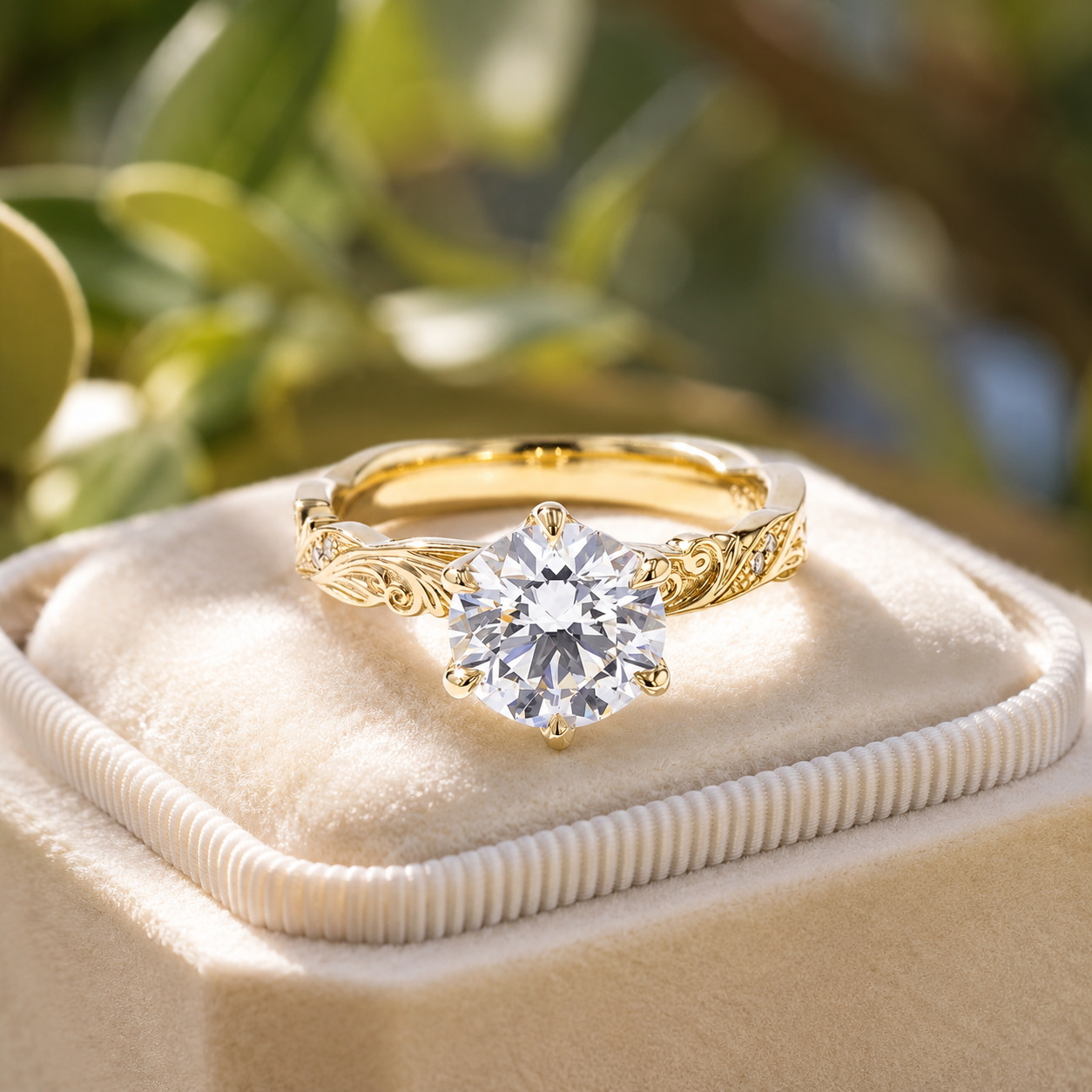 Round Lab Grown Diamond Engagement Ring Vintage Scroll Six-Prong 14K Yellow Gold IGI Certified 2ct E VVS2