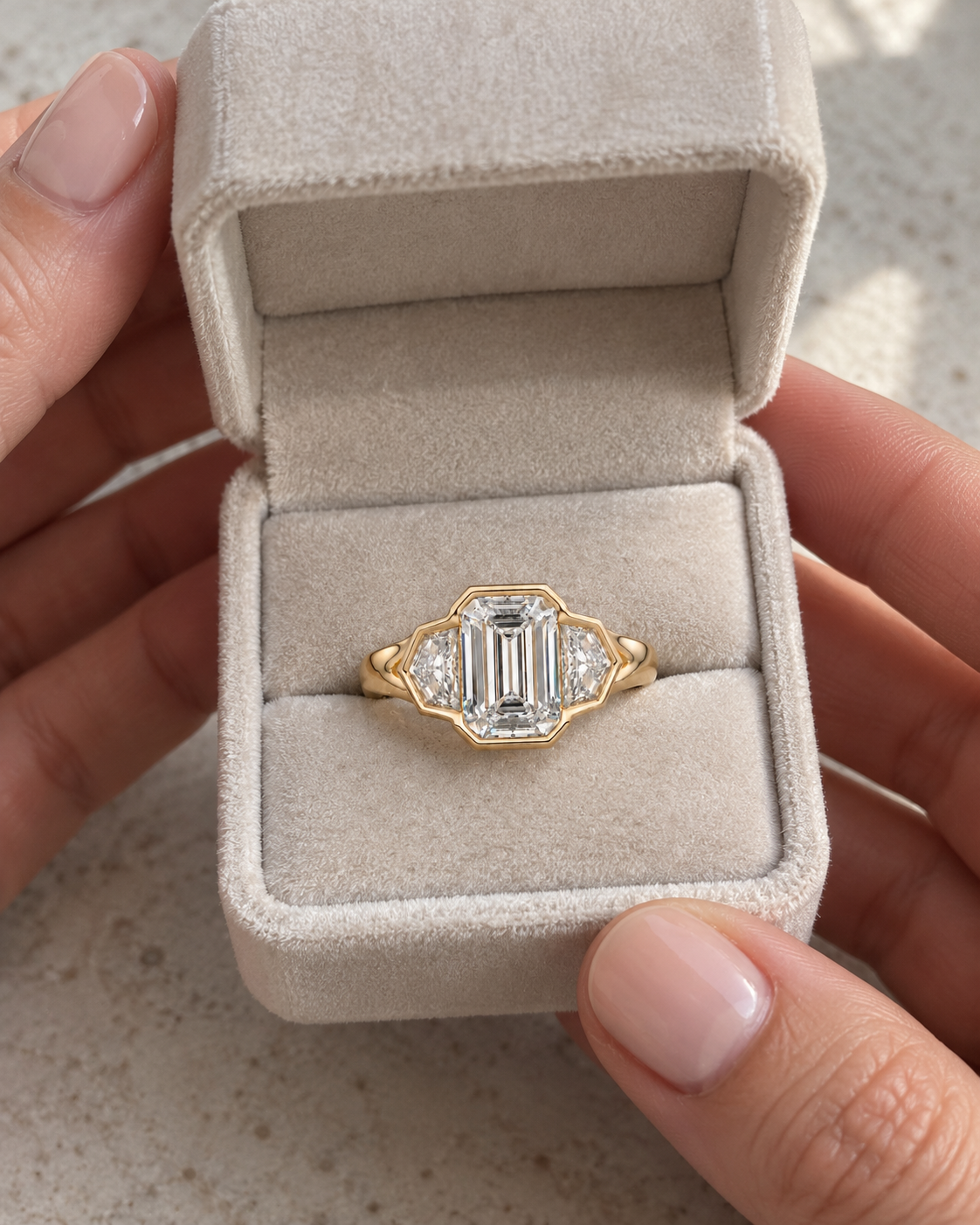 Emerald Cut Lab Grown Diamond Engagement Ring Three Stone Bezel 14K Rose Gold Cadillac Side Stones