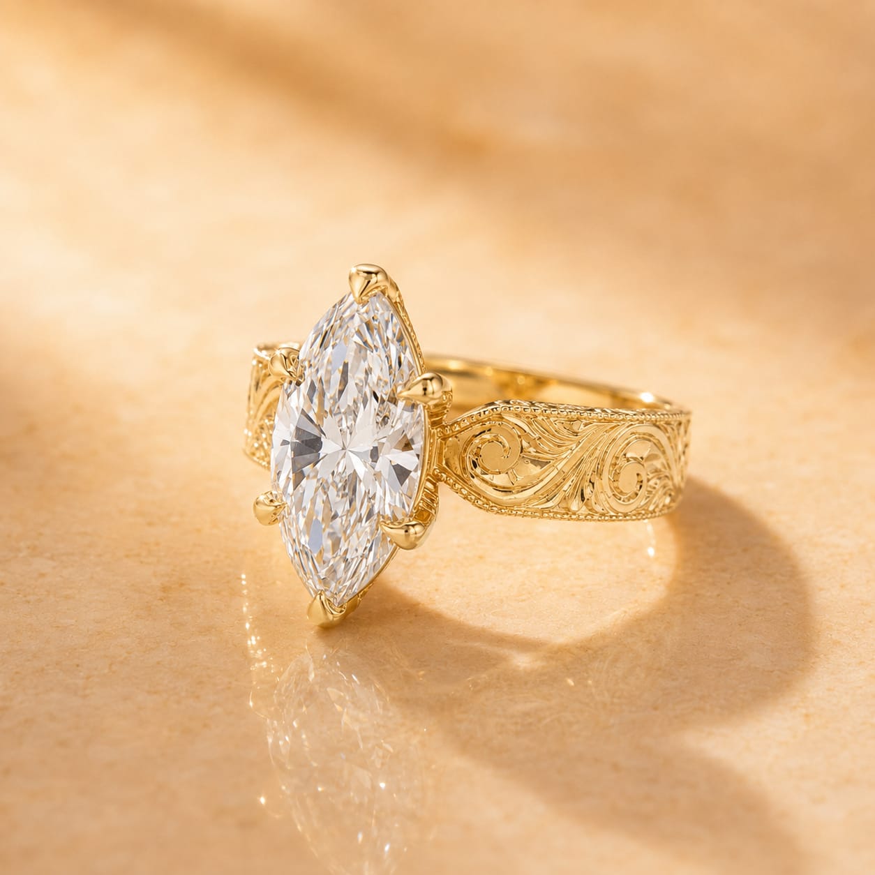 Marquise Lab Grown Diamond Engagement Ring  Hand-Engraved Solitaire 14K Yellow Gold – IGI Certified 3.02 Carat E VVS2