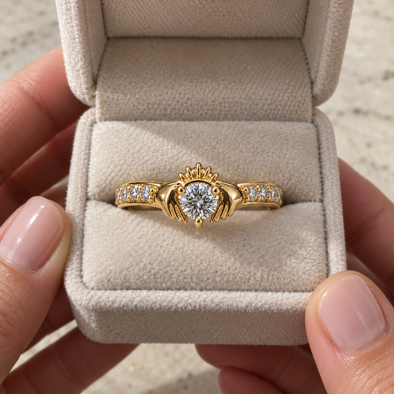 Round Lab Grown Diamond Claddagh Engagement Ring Pave 14K Yellow Gold IGI Certified