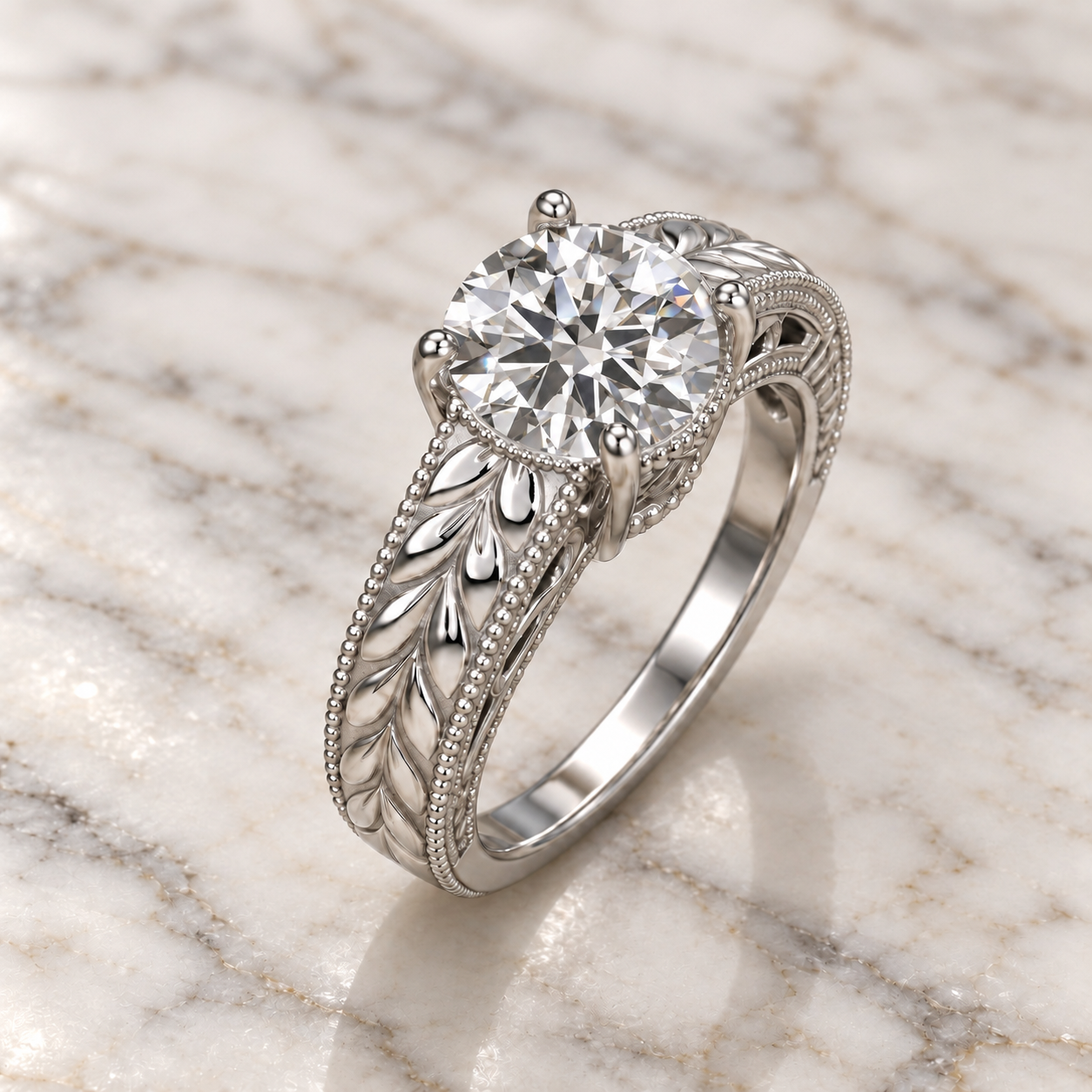 Round Solitaire Engagement Ring Setting Vintage 14K White Gold Leaf Engraving Milgrain Semi Mount