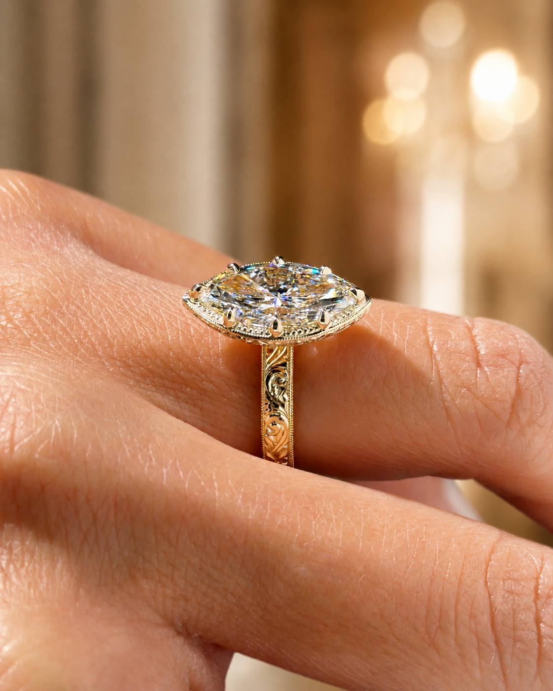 Marquise Lab Grown Diamond Engagement Ring Hand-Engraved Vintage Solitaire 14K Yellow Gold IGI Certified 3ct