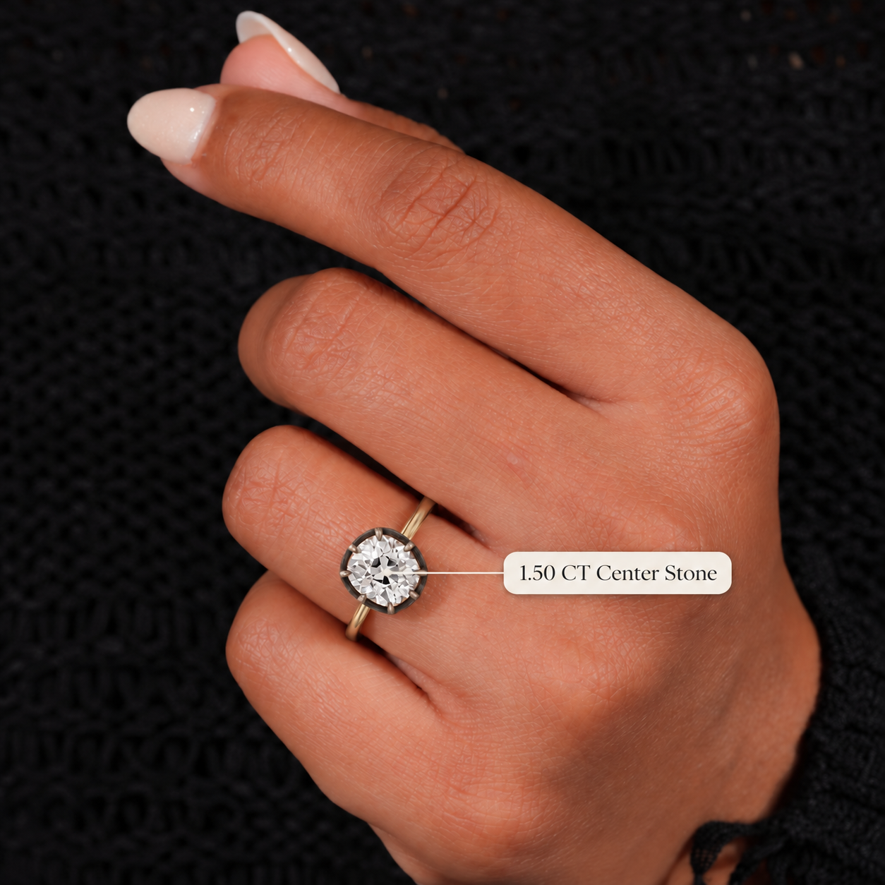 Old Mine Cushion Cut Diamond Engagement Ring Blackened Bezel 18K Yellow Gold IGI Certified