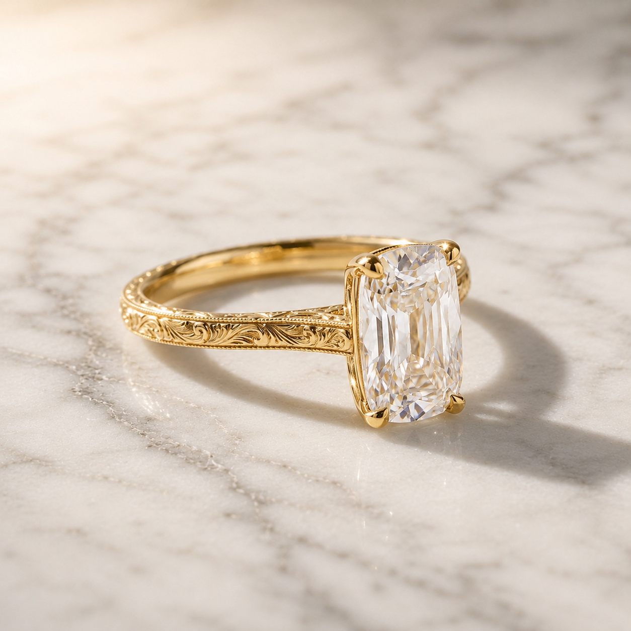 Cushion Lab Grown Diamond Engagement Ring – Vintage Solitaire 14K Yellow Gold – IGI Certified 2ct VVS2 E