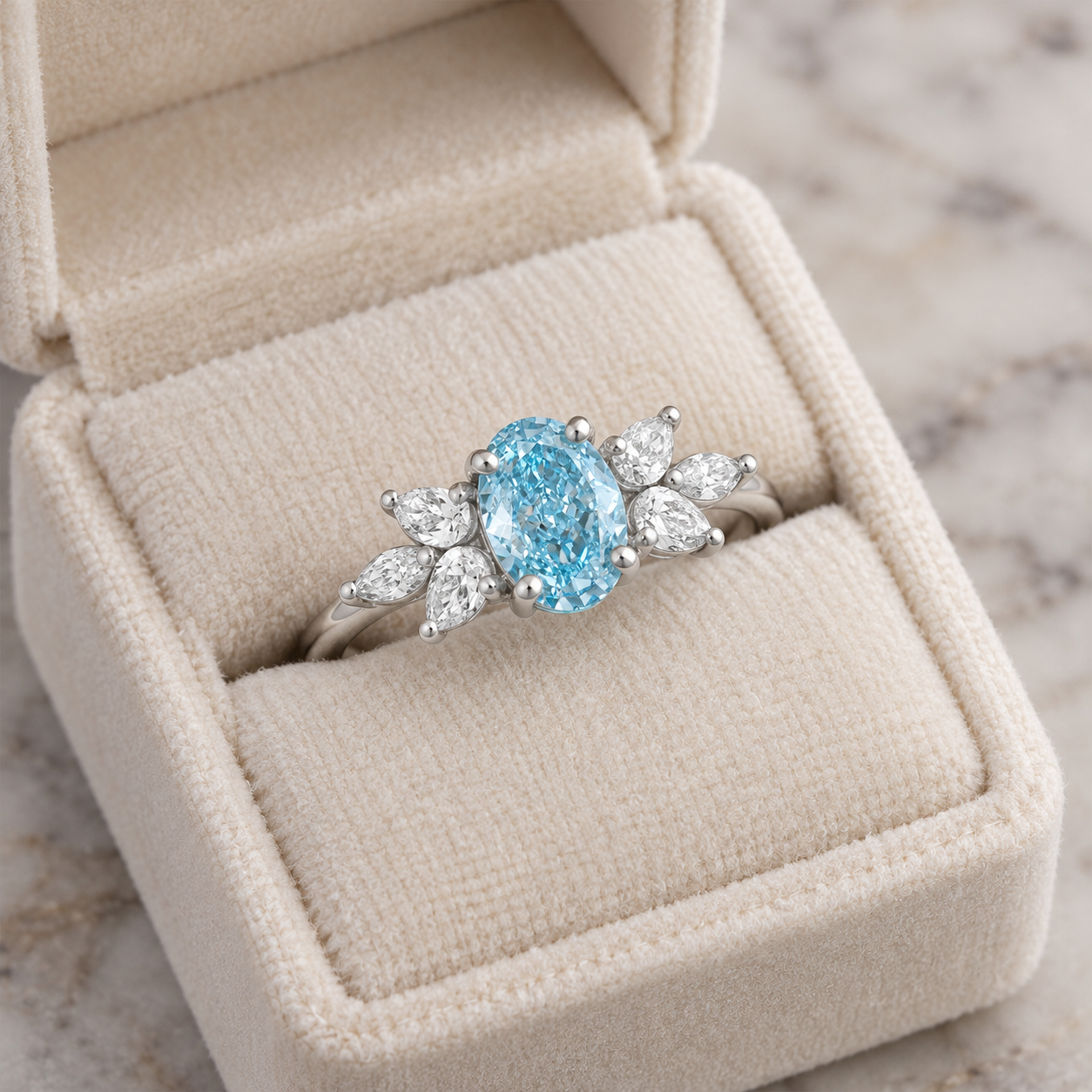 Blue Oval Lab Grown Diamond Floral Ring Four-Prong Petal Halo Platinum 950 VVS2