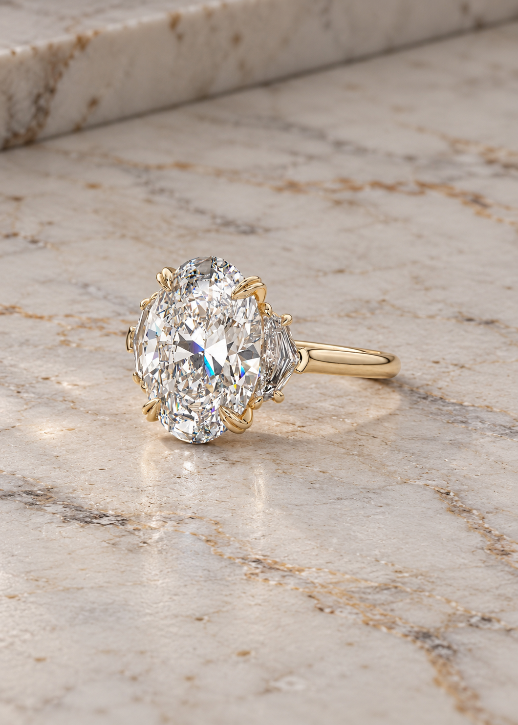 Oval Lab Grown Diamond Engagement Ring Three Stone Cadillac 14K Yellow Gold IGI Certified