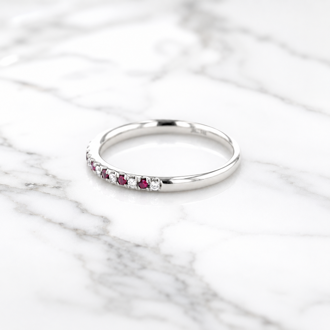 Round Lab Grown Diamond & Ruby Wedding Band Pave 14K White Gold 2.2mm Stackable Ring