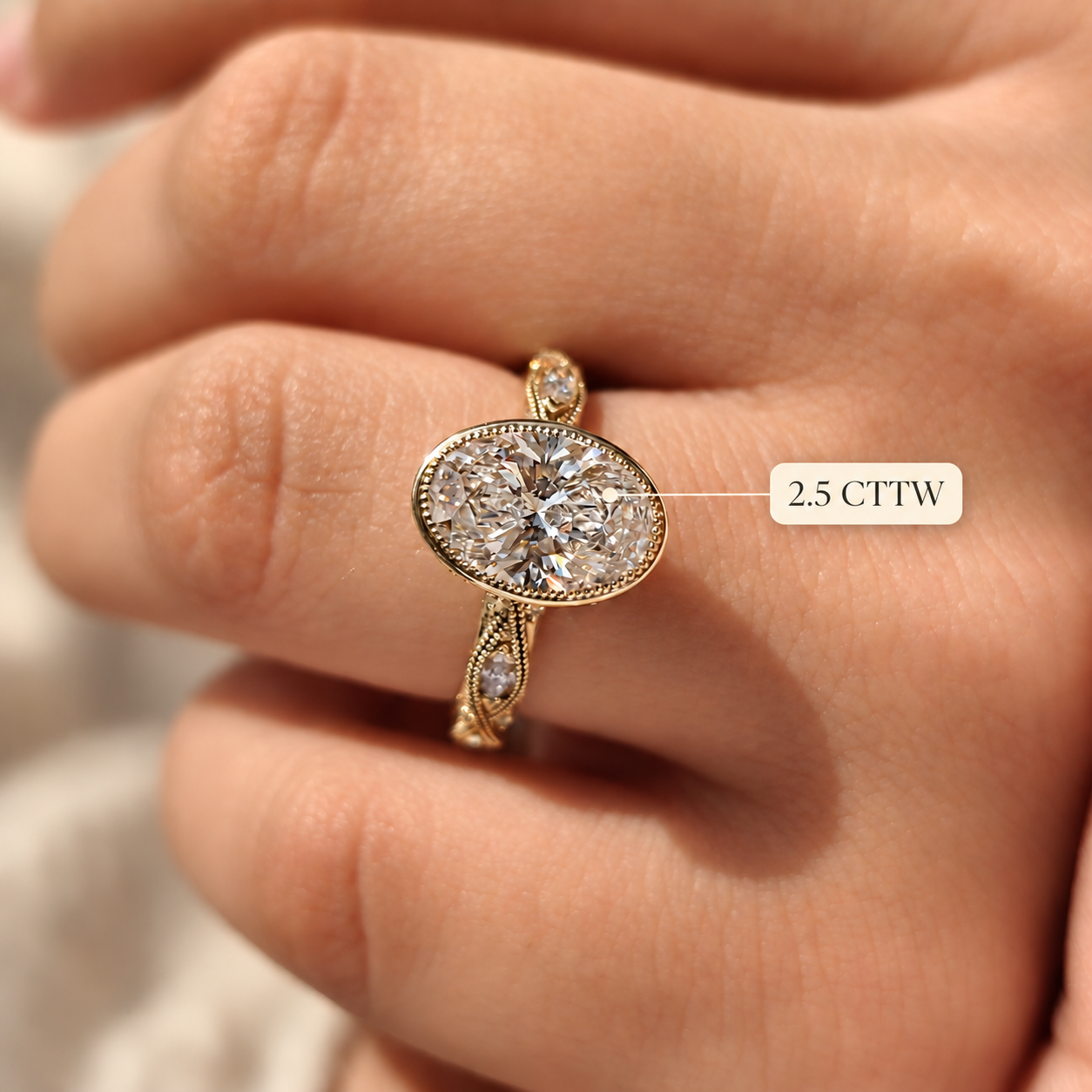 Oval Lab Grown Diamond Engagement Ring Vintage Bezel Milgrain 14K Yellow Gold IGI Certified 2 Carat