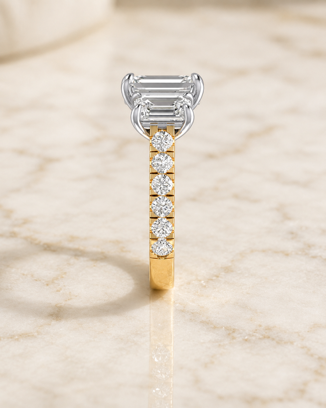 Emerald Cut Lab Grown Diamond Engagement Ring Three Stone 14K Yellow Gold IGI Certified 4 Carat