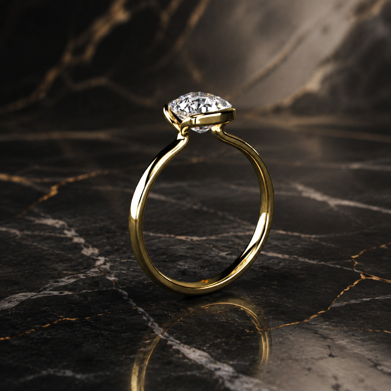 Cushion Lab Grown Diamond Engagement Ring Half Bezel Solitaire 14K Yellow Gold IGI Certified 1 Carat