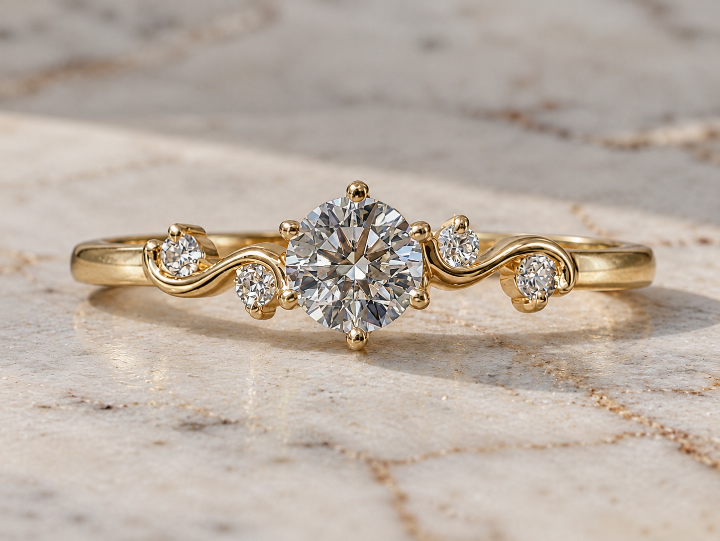 Round Lab Grown Diamond Engagement Ring Five Stone Vine 14K Yellow Gold IGI Certified