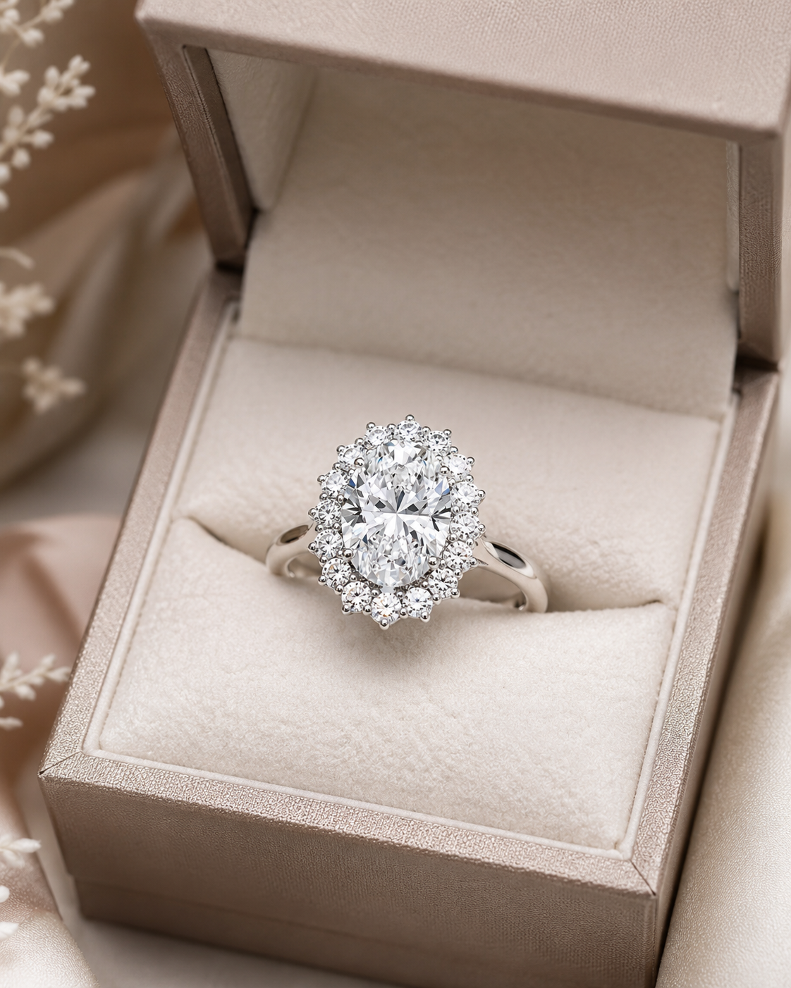 Oval Lab Grown Diamond Engagement Ring Halo 14K White Gold 0.48ctw Diamonds