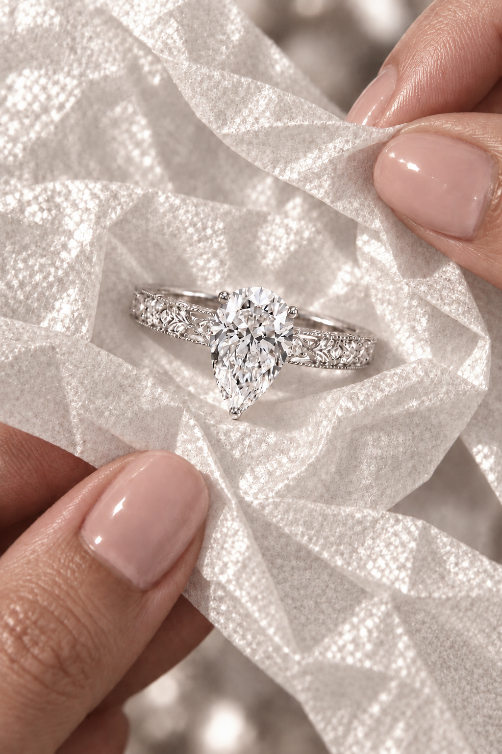 Vintage Lab Grown Diamond Engagement Ring Engraved 14K White Gold E VVS2, IGI Certified